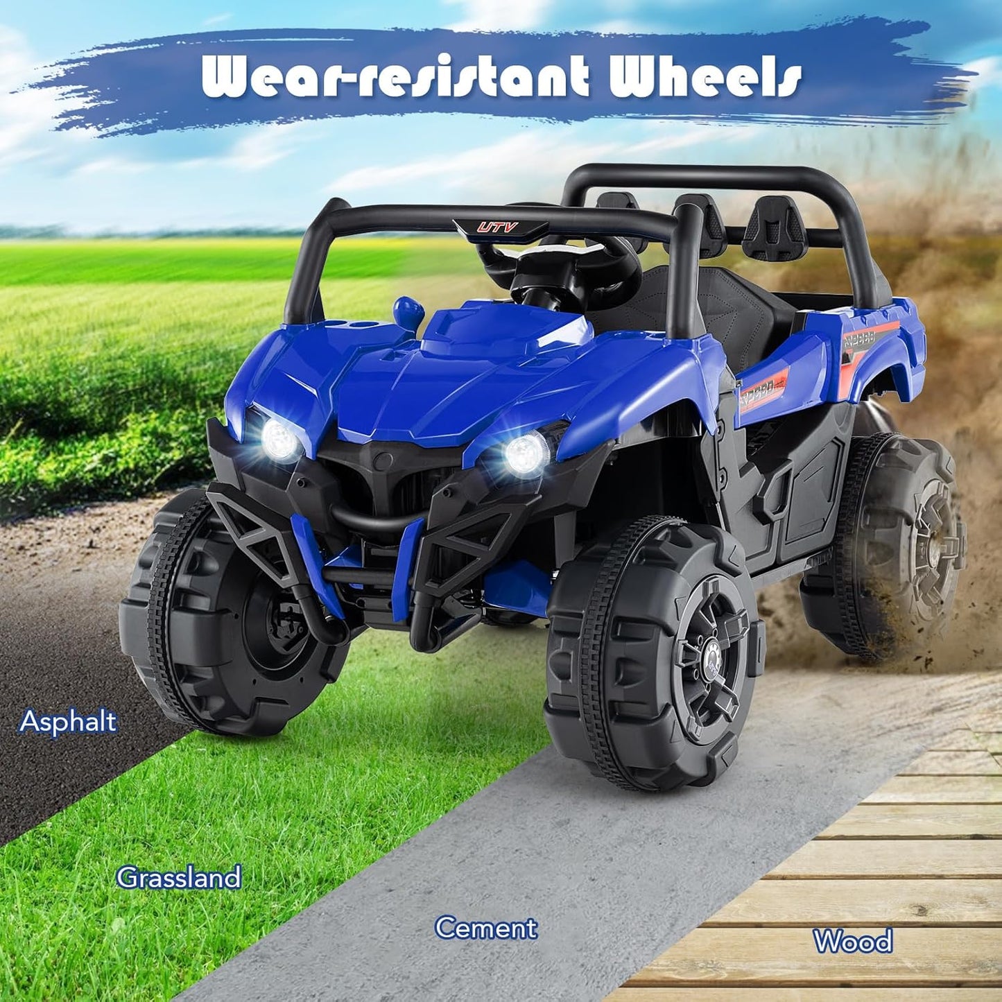 OLAKIDS 12V Ride on Car UTV, Battery Powered Off-Road Kids Electric Vehicles with Remote Control, Music, Horn, MP3, Lights, 3 Speeds, Soft Start, Ride on Truck for Boys Girls (Blue)