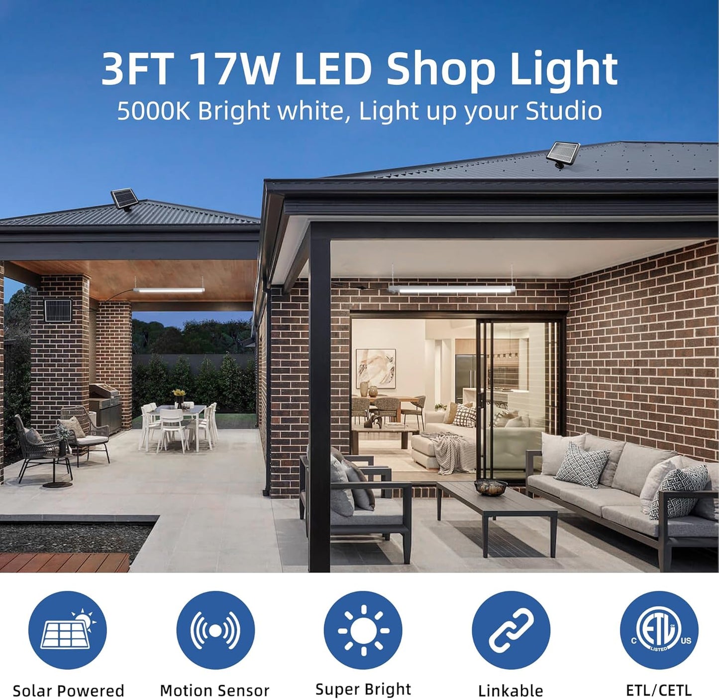 hykolity Solar Powered Shop Light with Motion Sensor, 3FT 17W (100-Watt Equivalent),Integrated LED IP65 Waterproof Outdoor Motion Sensor Shop Light for Garage, Barn, House - 2 Pack