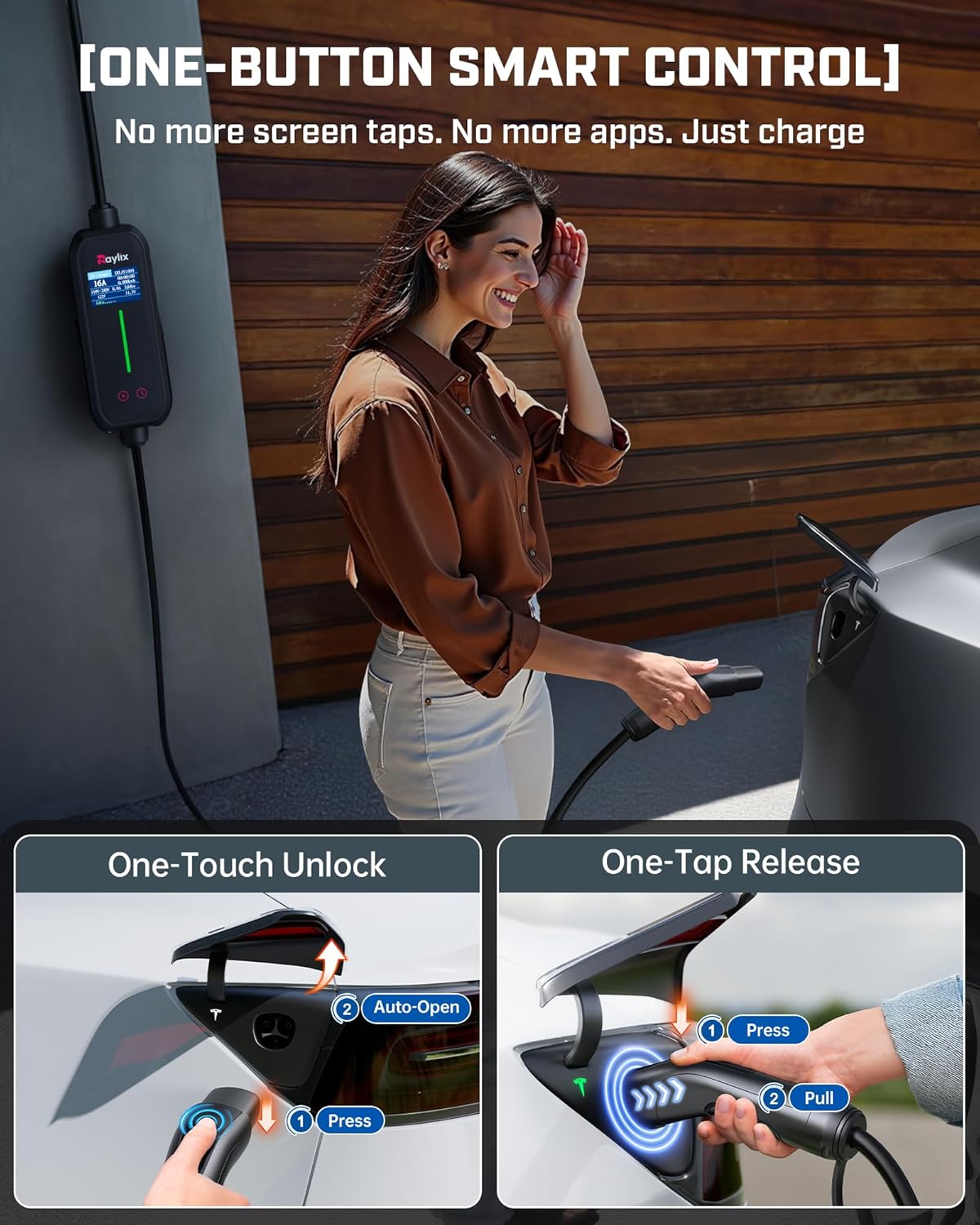 2025 Upgraded Level 1&2 Tesla Charger, 8-16A Adjustable Current, Timer & Smart Display, Tesla Mobile/Home Charger, 21Ft Charging Connector for Model Y/3/X/S/Cybertruck, NEMA 5-15 & 6-20 Plug, 110-240V