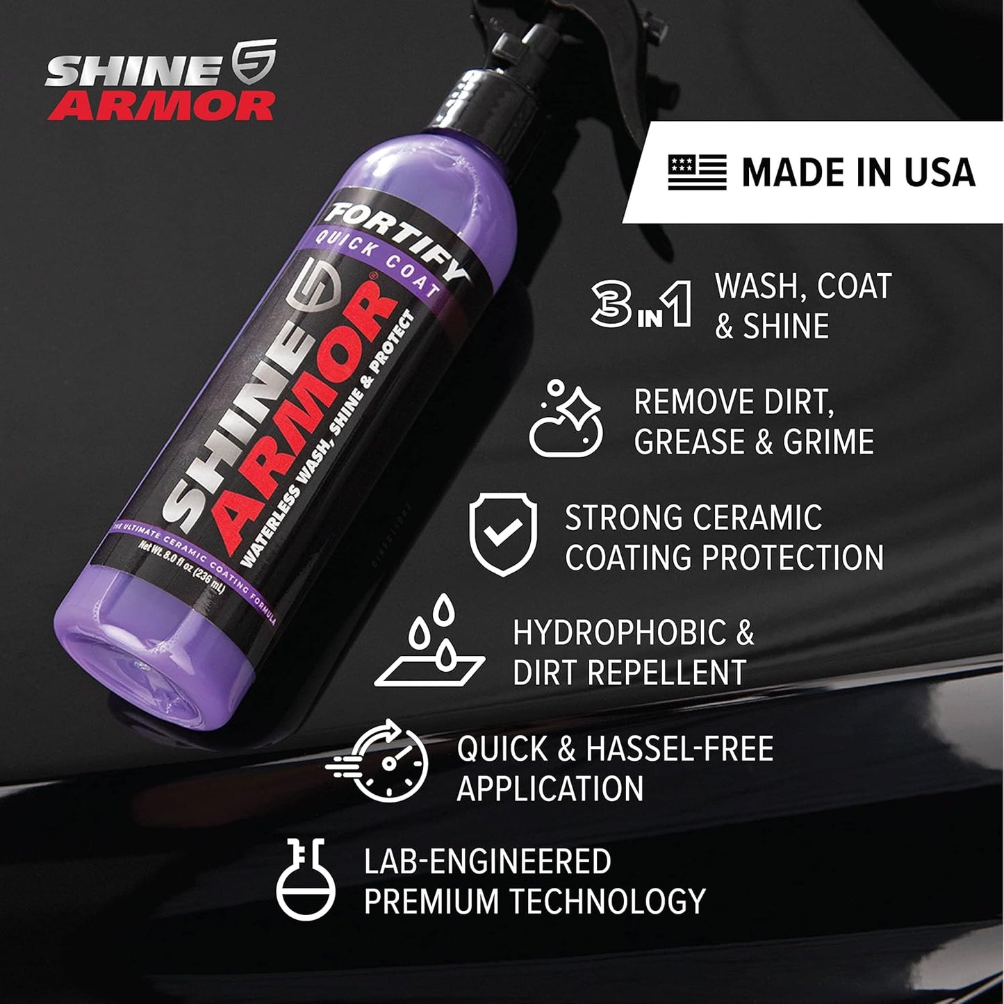 SHINE ARMOR Fortify Quick Coat – 3-in-1 Ceramic Coating Spray (8oz) | Waterless Wash, Shine & Protection | Streak-Free, Hydrophobic Car Wax for Paint & Trim