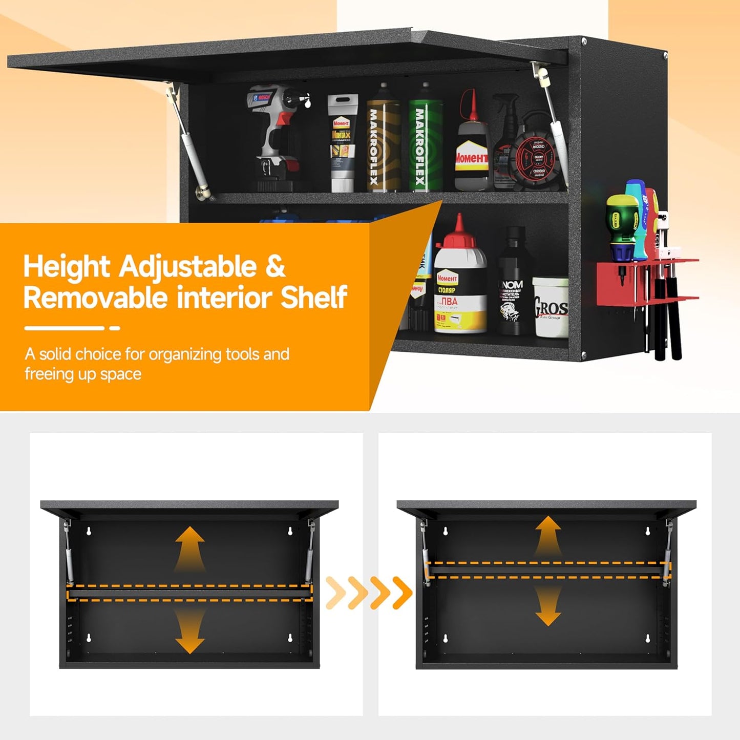 Metal Wall Cabinet with Up-flip Door,Metal Wall Storage Cabinet with Adjustable Shelf,Wall Mounted Tool Cabinets with Pegboard for Garage,Basement,Home Office, Kitchen,Warehouse-Black