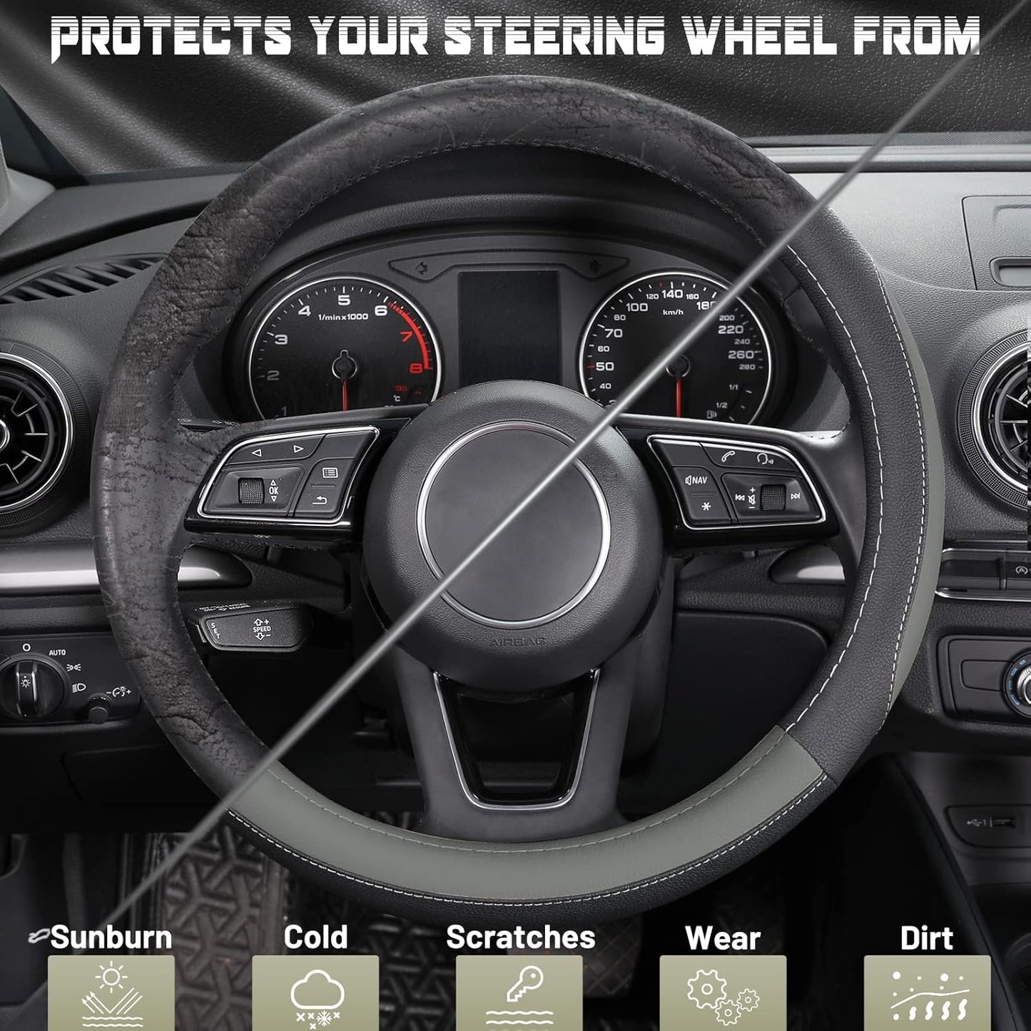 SEG Direct Car Steering Wheel Cover for Prius Civic Model 3 Model Y Camaro, Small Size 14-14.25 inch, Black and Gray Microfiber Leather