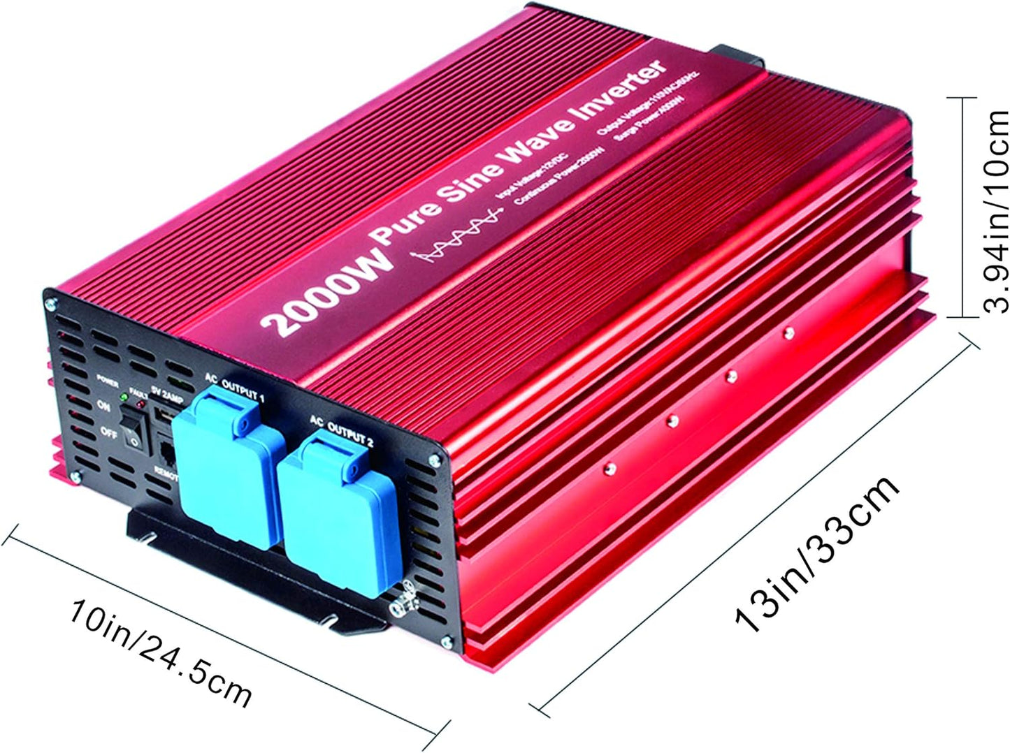 2000W Pure Sine Wave Inverter 12V to 120V AC with 2 AC outlets (IP54 ETL Approved Sockets),DC5V 2 Amp USB Output, LCD Wire Remote kit and OFC Battery Cables,Input terminals Fixing Wrench