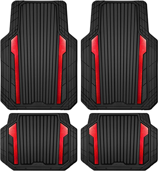CAR PASS Heavy Duty Rubber Car Mats Metallic S~L Size, Aluminum Film All Weather Floor Mats Waterproof Universal Trim to Fit SUV Sedan Van Truck 4 Piece Deep Dish Two-Tone Sporty Black Red Chrome