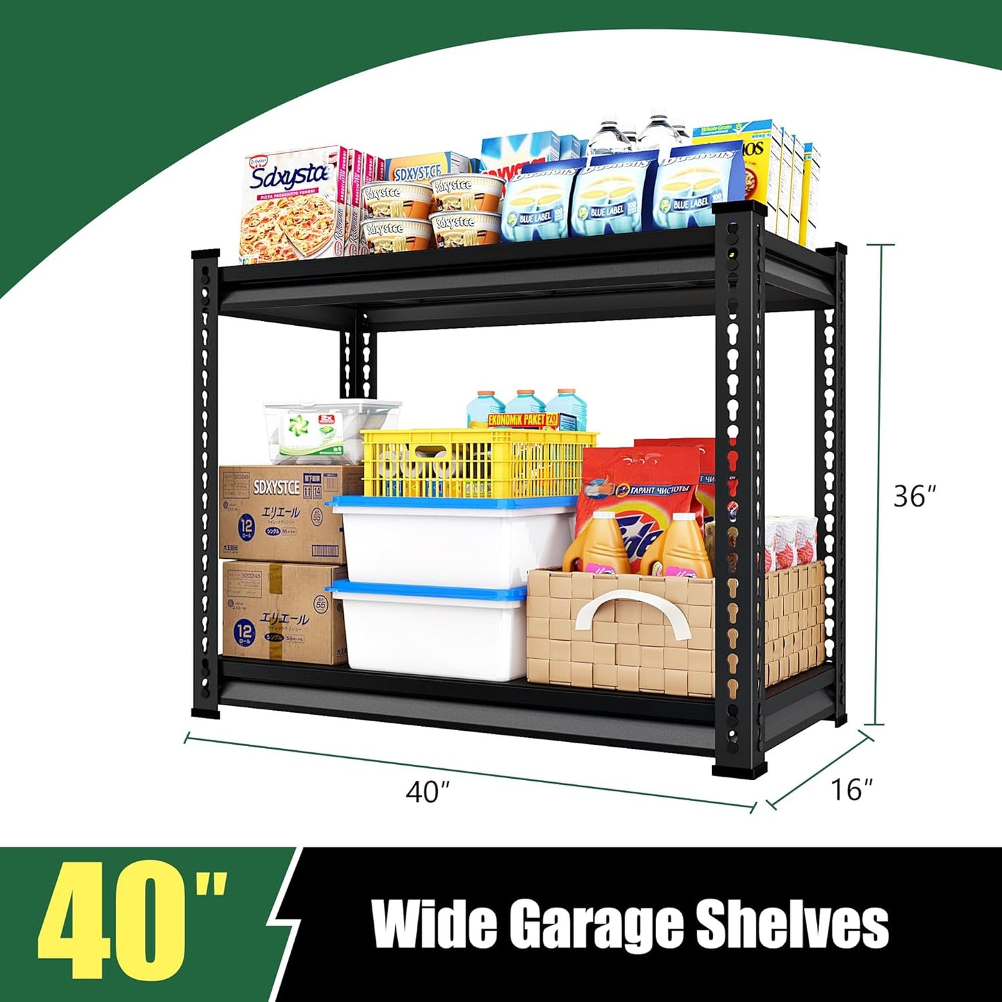 Garage Shelving Heavy Duty 880LBS Loads, 40" W Adjustable Garage Storage Shelves, 2-Tier Metal Shelving Units and Storage, Industrial Utility Shelf, 40" Wx16 Dx36 H,Black