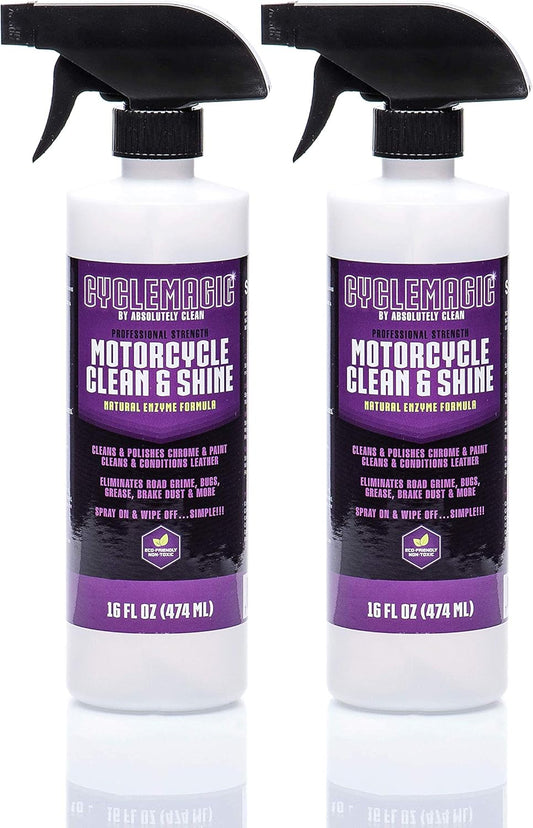 CycleMagic Motorcycle Clean and Shine Motorcycle Cleaner & Conditioner, Chrome Cleaner, Leather Cleaner, Paint | Eliminates Grime, Brake Cleaner, Dirt & Debris | (16oz Spray Bottle 2pack (Save 25%))