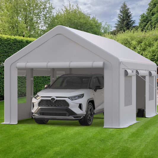 10x20ft Carport Heavy Duty, Portable Garage with 4 Doors + 4 Window, Upgraded Carport with Reinforced Steel Poles, Uv Resistant Waterproof Tarp, Portable Carport for Car, Truck, Boat