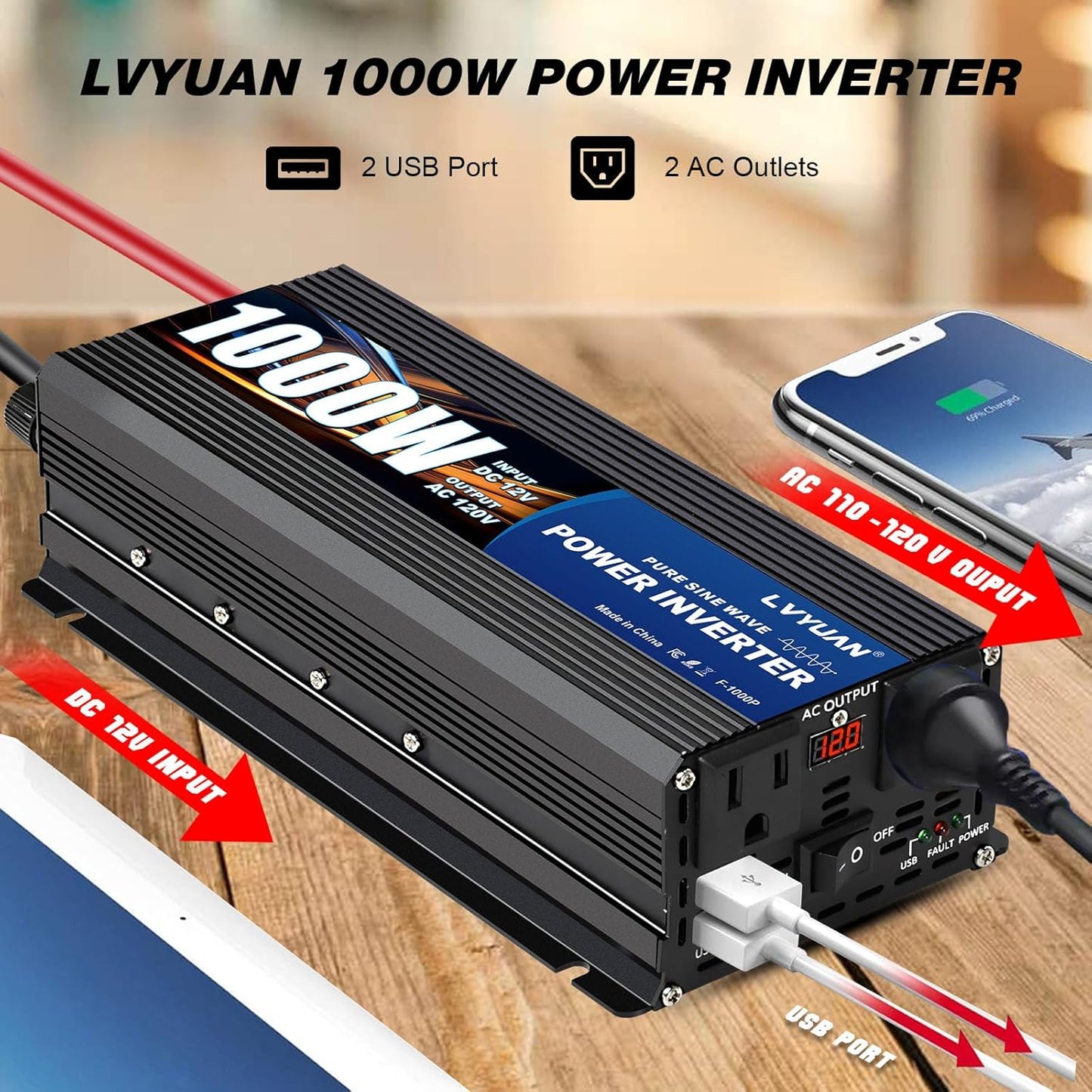 LVYUAN 1000 Watt Pure Sine Wave Power Inverter 12V to 110V/120V DC to AC Converter with Dual Sockets, Dual USB Ports, LED Display for Home Outdoor RV Car Power Inverter Power Adapter