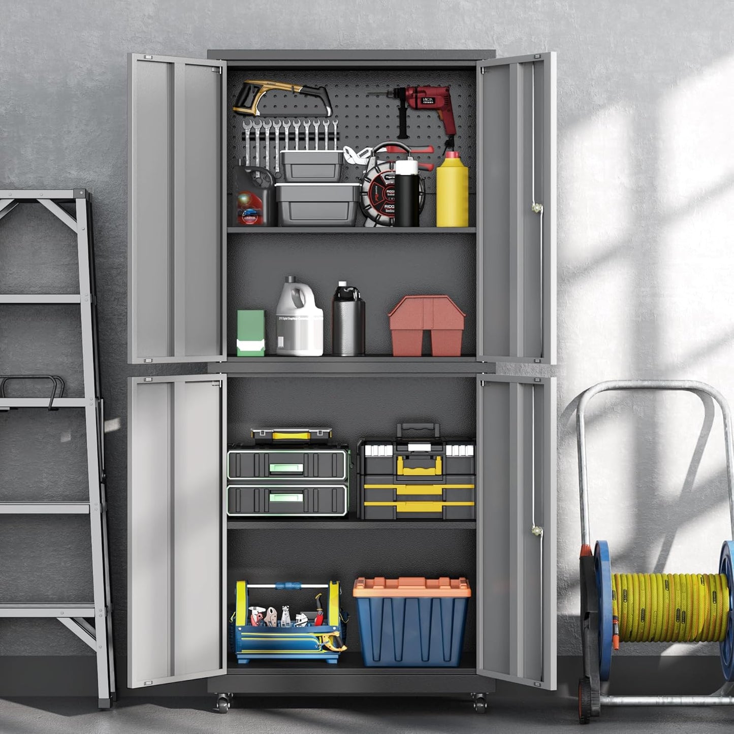 71" H Metal Tool Storage Cabinet with Lock and Wheels, Heavy Duty Garage Cabinet with 4 Doors and 2 Adjustable Shelves, Tool Organizer with Pegboard for Garage, Warehouse (Black&Gray, 71" H)