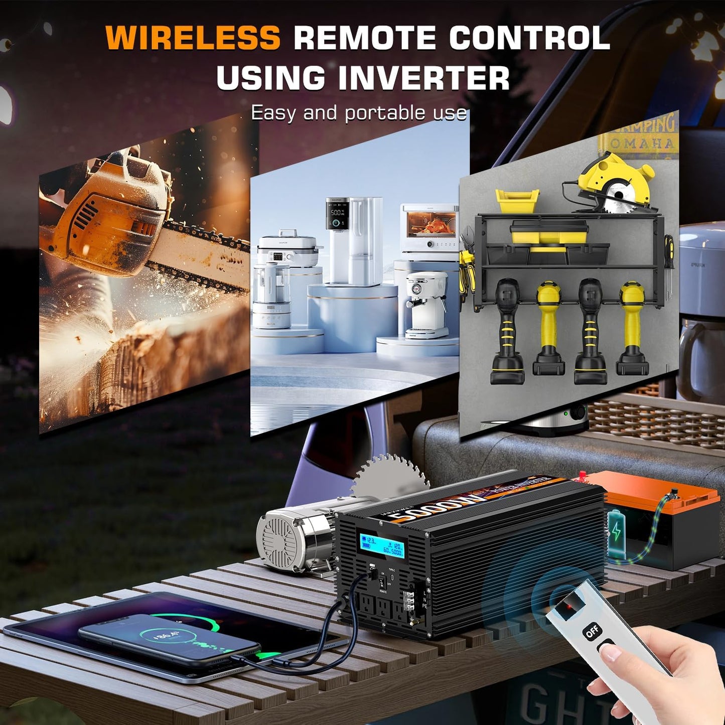 5000 Watt Power Inverter 12V DC to 110V 120V Converter for Family RV Off Grid Solar System Car with Type-C Ports 3 AC Power Outlets Dual USB Ports LCD Display Wireless Remote Control