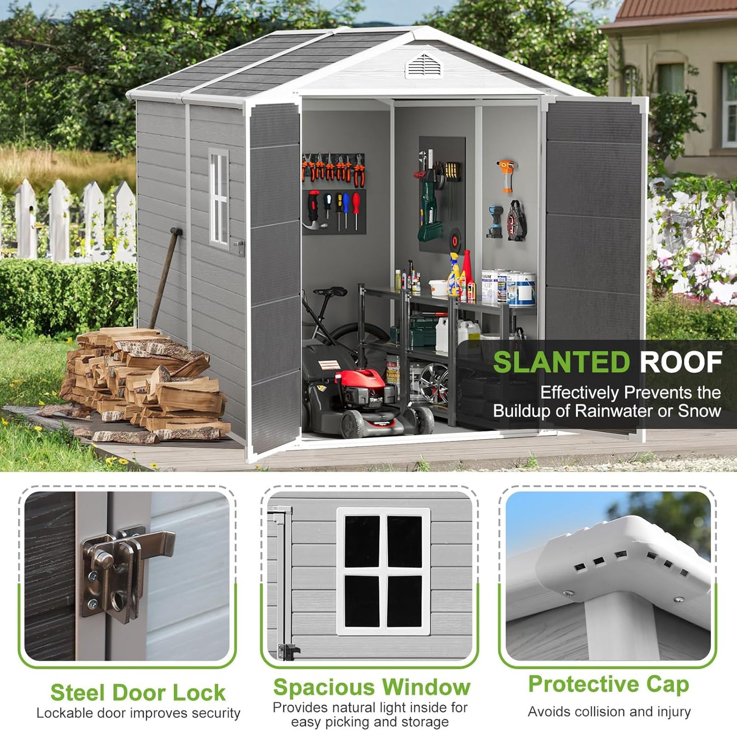 Plastic Sheds 6x8 Shed Resin Outdoor Storage with Floor Included, Waterproof Lockable Garden Tool Storage Cabinet