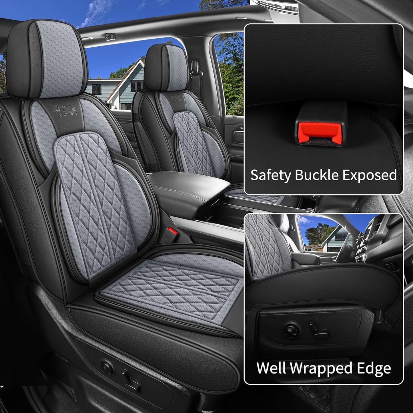 Car Seat Cover Custom Fit for Dodge Ram 1500 2500 3500 2002-2024 Faux Leather Seat Cover Set Compatible with Crew Quad Regular Cab Pickup Truck Cushions (Black & Grey, Full Set, Flat Rear)