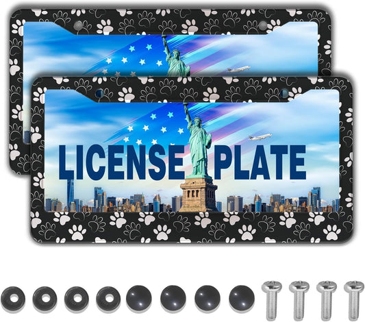 License Plate Holder Black and White License Plate Frames Black White Dog Cat Paw Print Universal Aluminum Car Accessory 2 Pack with Screw Covers Set