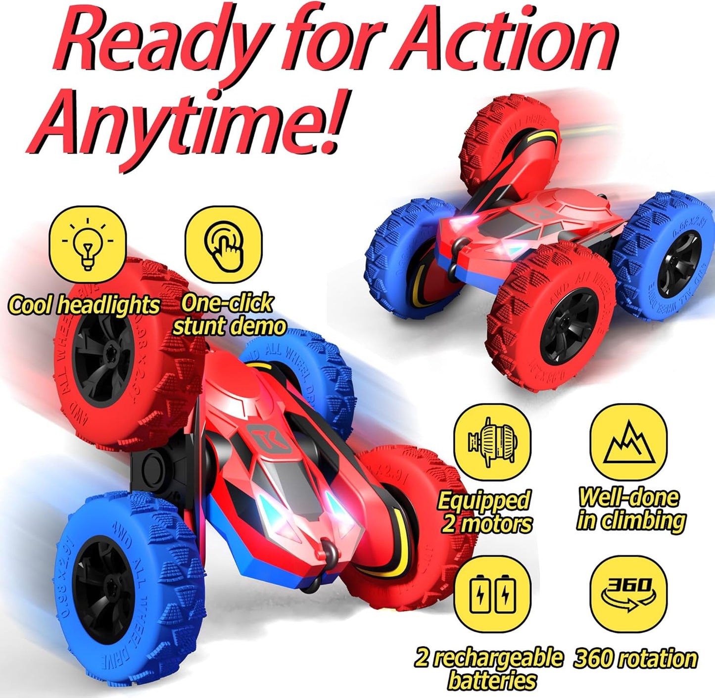 Threeking RC Stunt Car Remote Control Cars with Lights Double-Sided Driving Indoor Outdoor Toys Gifts Presents for 6 7 8 9 10 11 12 Year Old Kids Boys Girls
