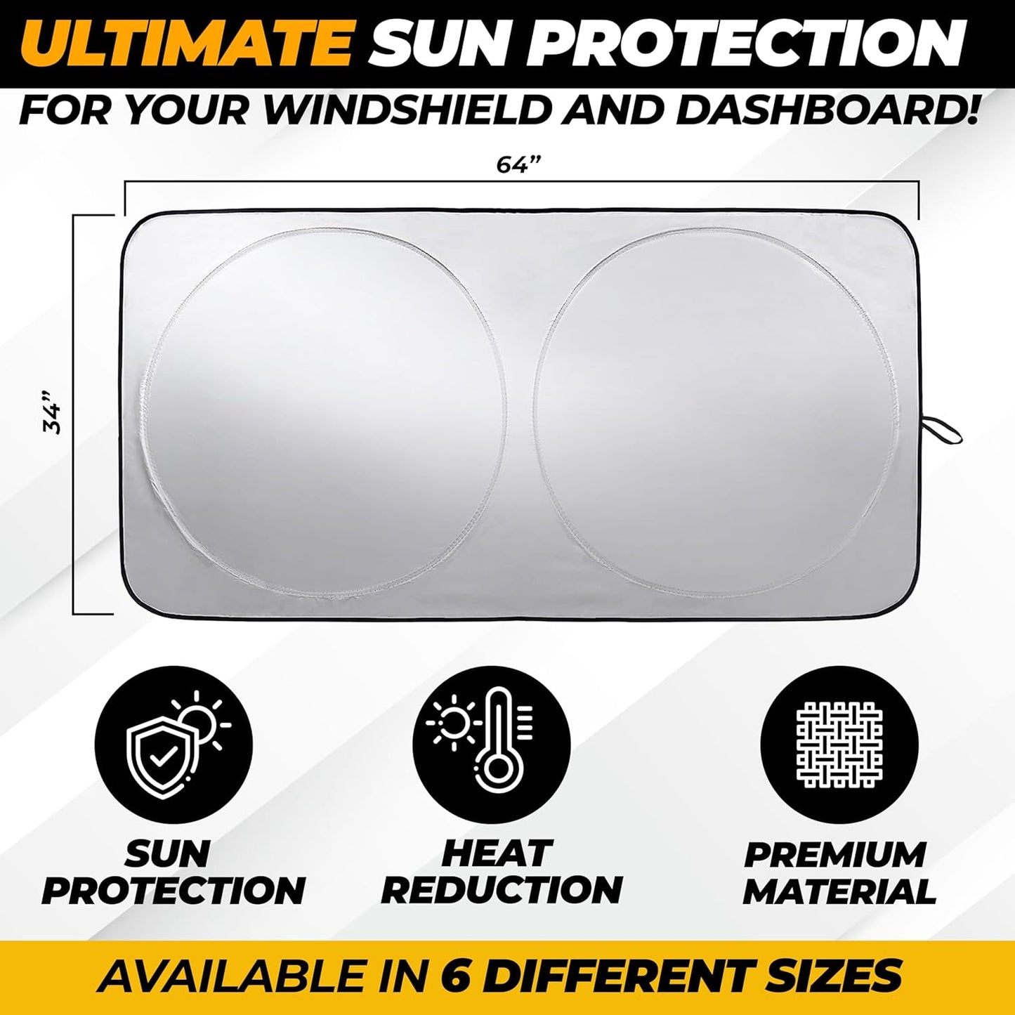 Windshield Sun Shade for Car, SUV & Truck – Patented Design Blocks 99% UV Rays & Heat | 240T Reflective Polyester Sunshade with Storage Bag | Keeps Vehicle Interior Cool | Universal Fit L(64" x 34")