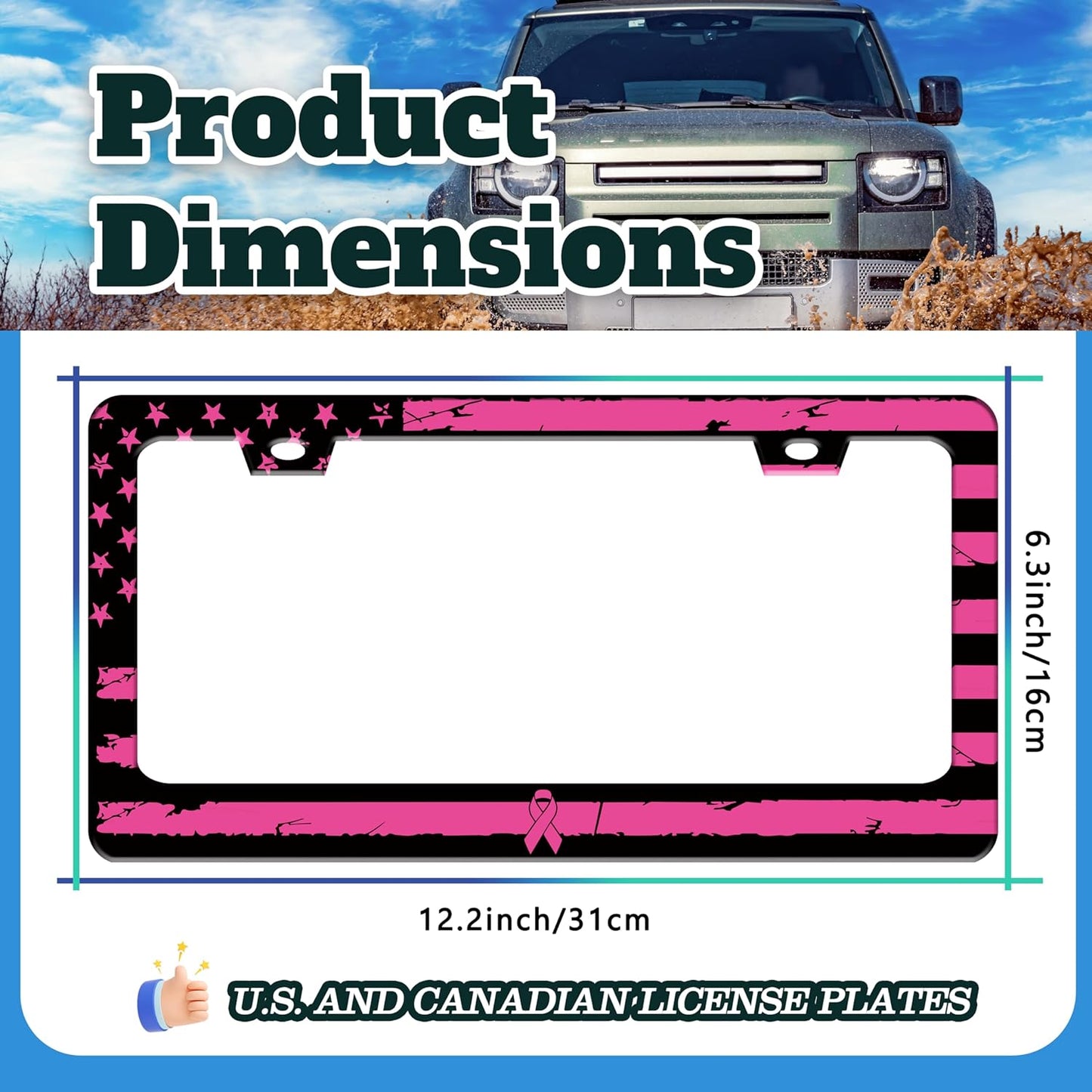 Breast Cancer Awareness Pink Ribbon License Plate Frame American Flag License Plate Holder for Front or Rear Car Tags Reusable Stainless Steel Funny Car Decoration with Screws 6.3 X 12.2 in
