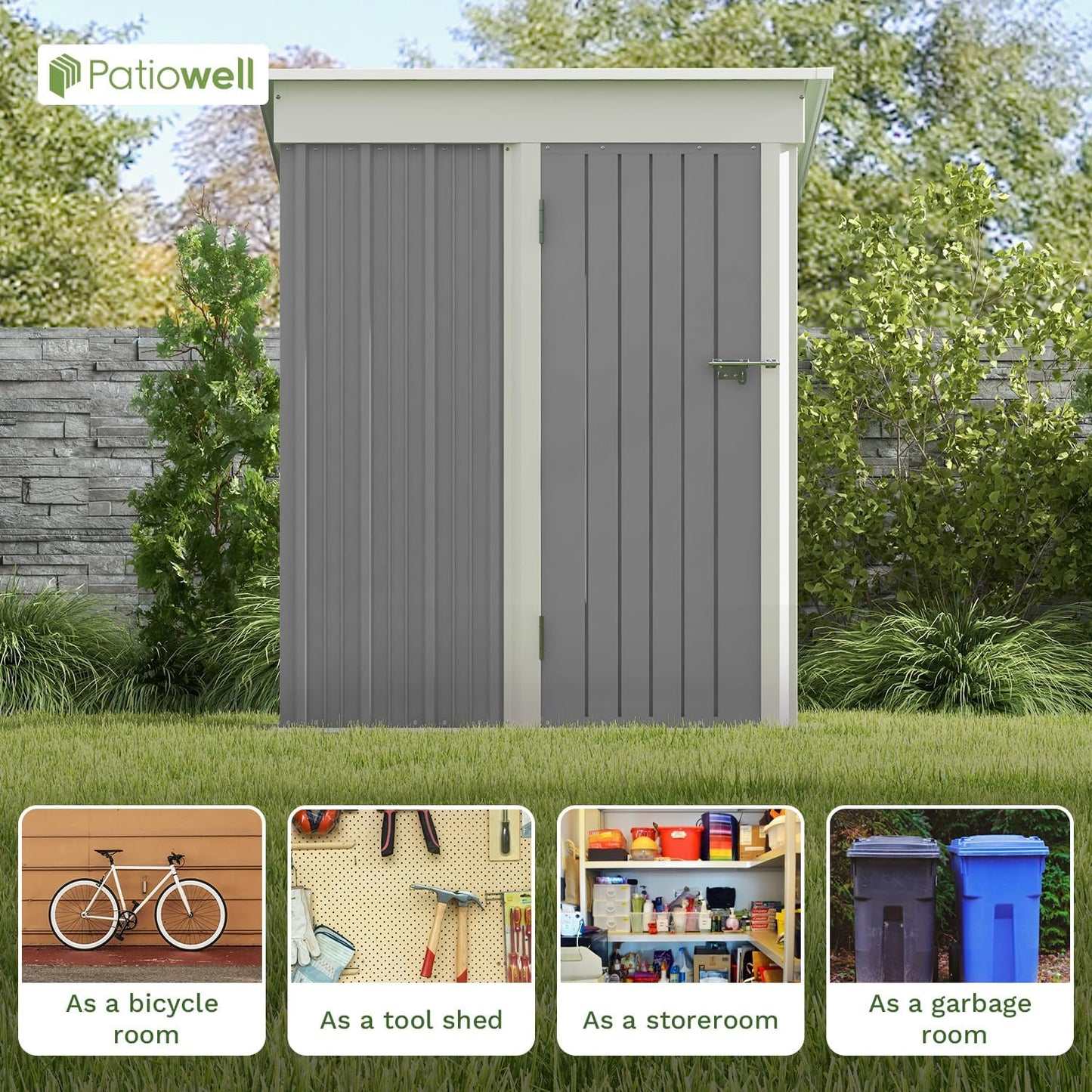 Patiowell 5x3 FT Outdoor Storage Shed, Garden Tool Shed with Sloping Roof and Lockable Door, Metal Shed for Backyard Garden Patio Lawn, Gray