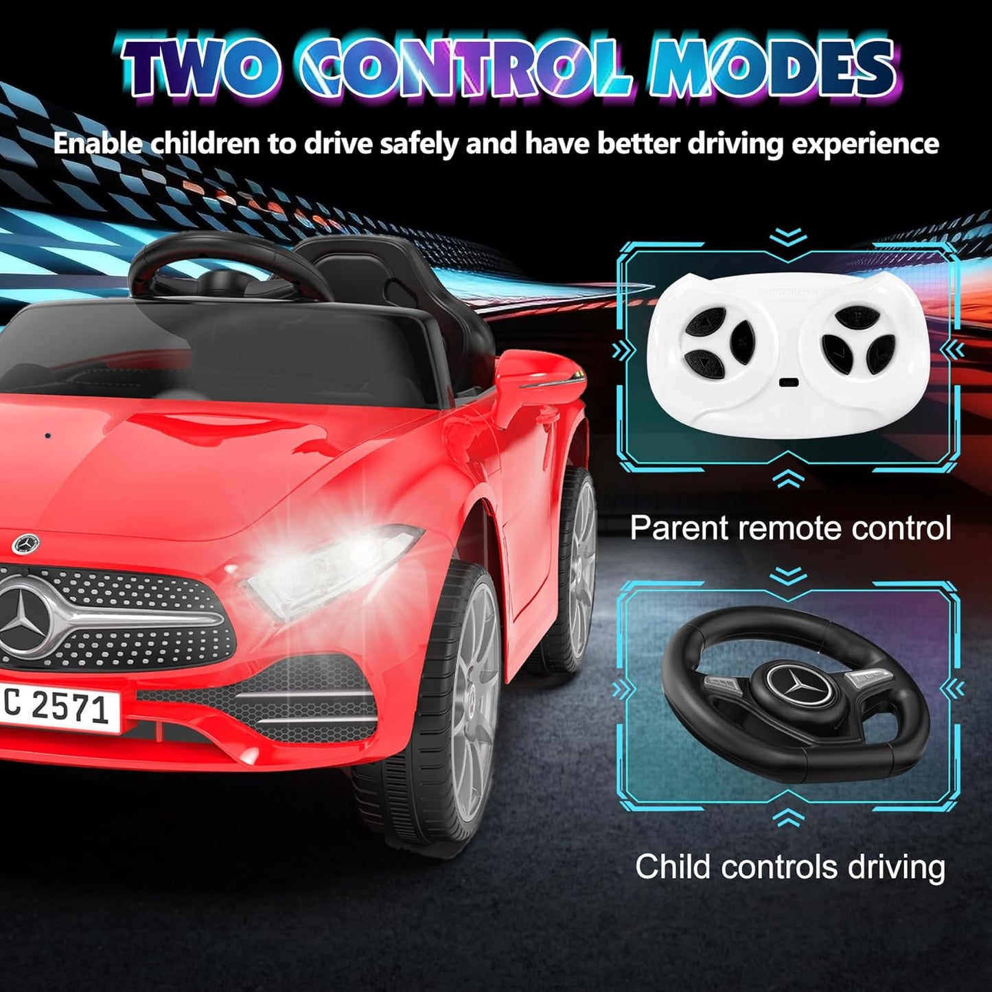 12V Kids Ride On Car with 2.4G Remote Control,Battery Powered Electric Car Ride On Vehicle Double Doors, 5 Point Safety Belt,LED Light (SC-Red)