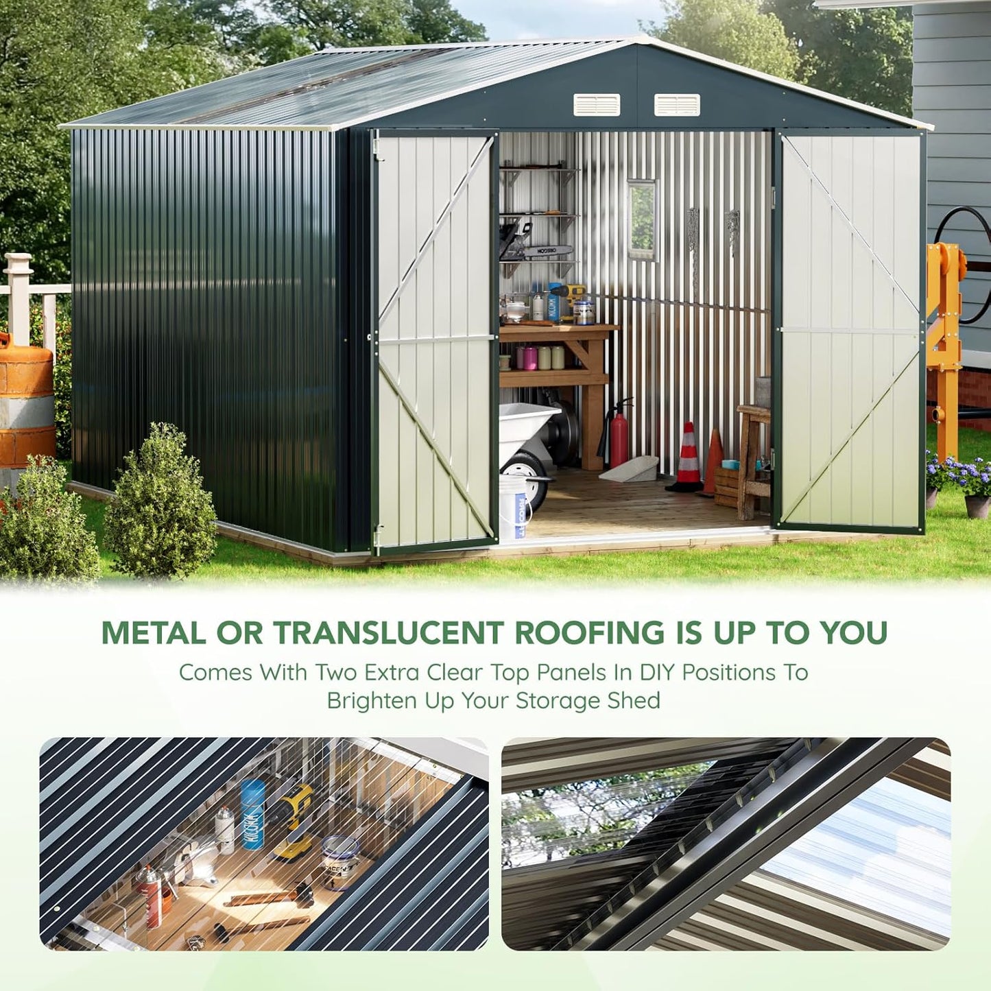 10X12X7.5 FT Outdoor Steel Storage Shed with Lockable Doors, 2 Windows, Transparent Roof Panels, Metal Frame Floor (Wood Panels Not Included), Ideal for Backyard, Patio Storage,Chicken Coop