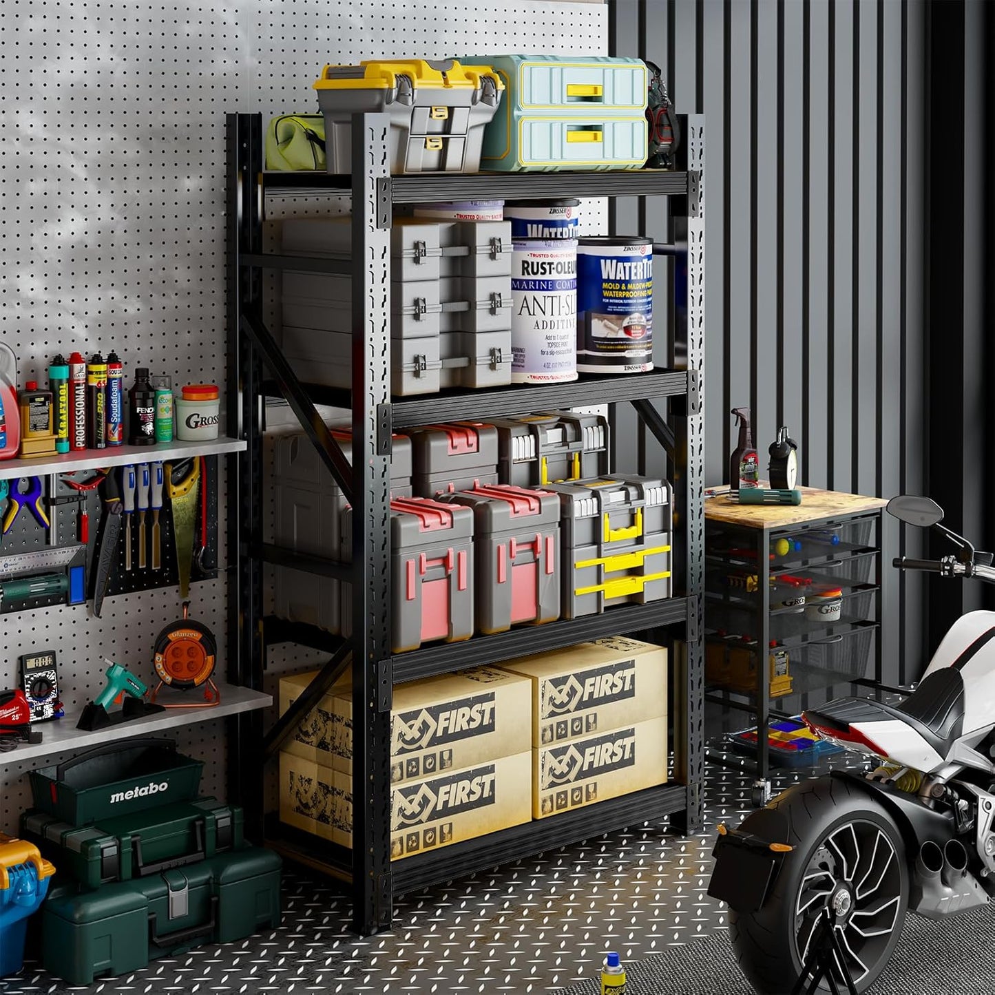 3000LBS Heavy Duty Storage Shelves,63''H Metal Garage Shelving, 4-Tier Adjustable Garage Organization Shelving Units, Industrial Shelving for Warehouse,Workshop- Classic Black