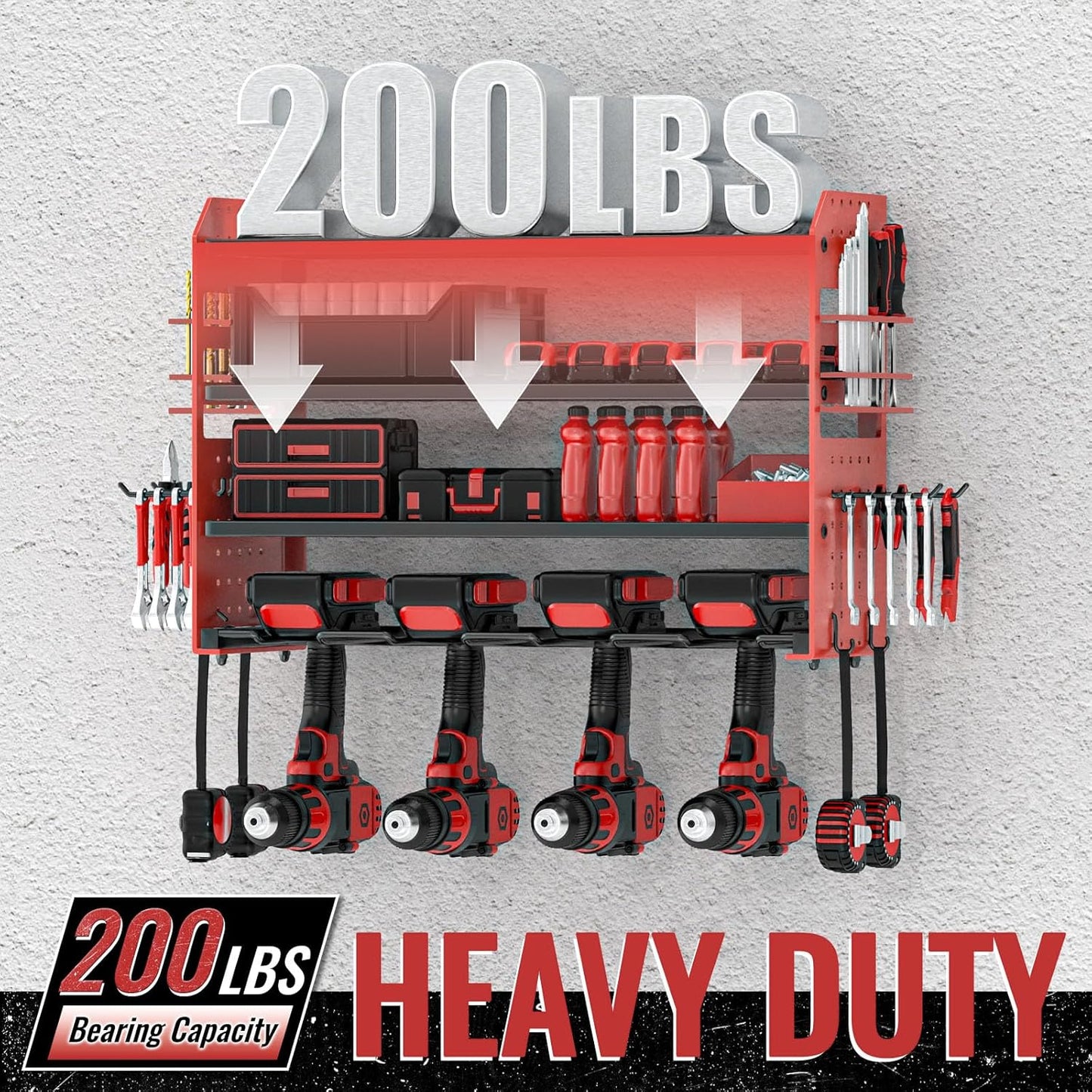 Power Tool Organizer Wall Mount, Red Metal Power Tool Storage Rack with Screwdriver Holder, Garage Tool Storage Shelves with Screwdriver Holder Plier Holder (Red, 4 Drills Holder)