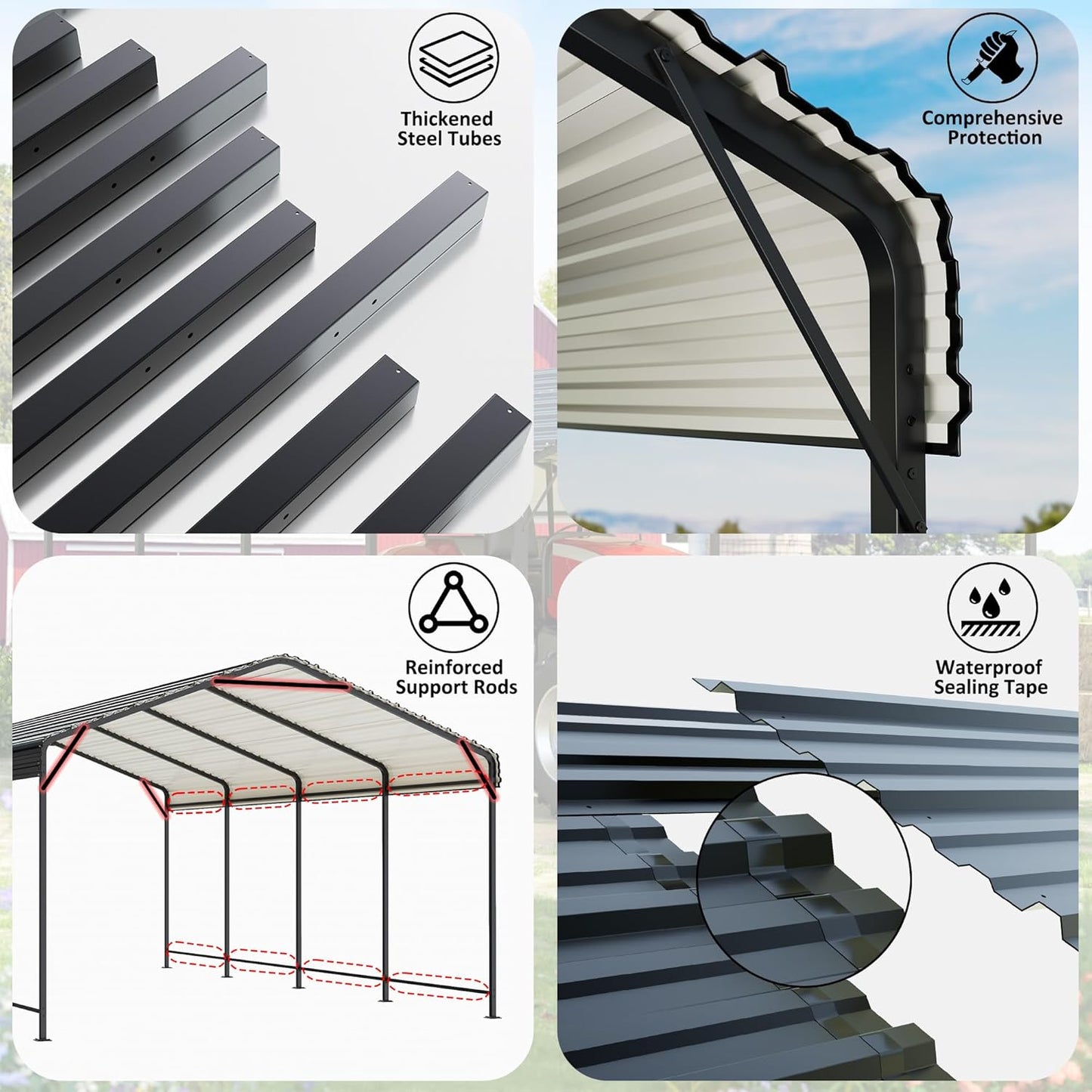 Polar Aurora 10x15 FT Metal Carport with Reinforced Base - Heavy Duty Galvanized Outdoor Shelter for Cars, Trucks, Boats, and Tractors