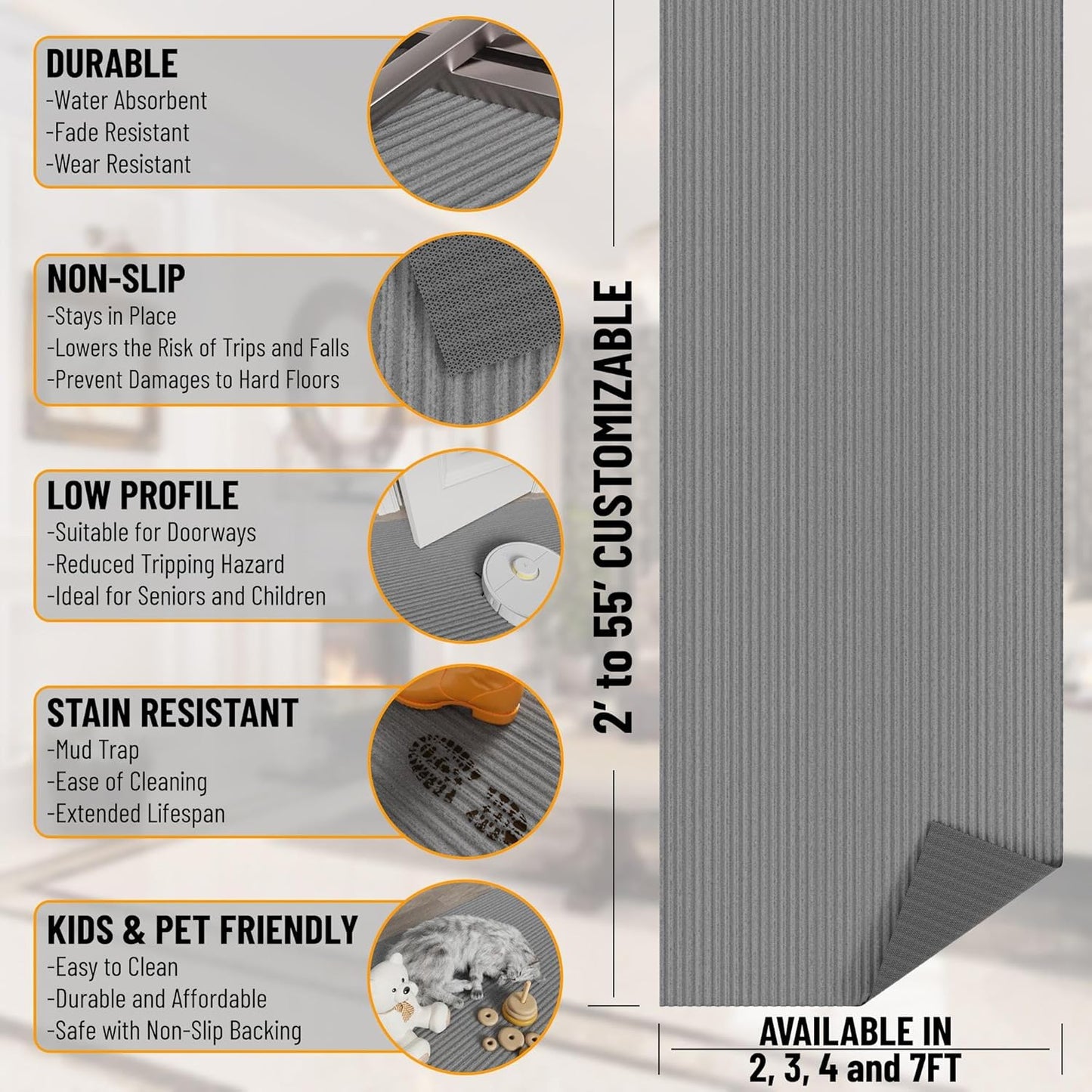 Ottomanson 2' x 6' Hallway Runner with Scraper Pile - Extra Durable Non-Slip Rug Mat for Indoor & Outdoor Use - Ideal for Kitchen, Entryway, Patio & Garage - High-Traffic Carpet, Gray