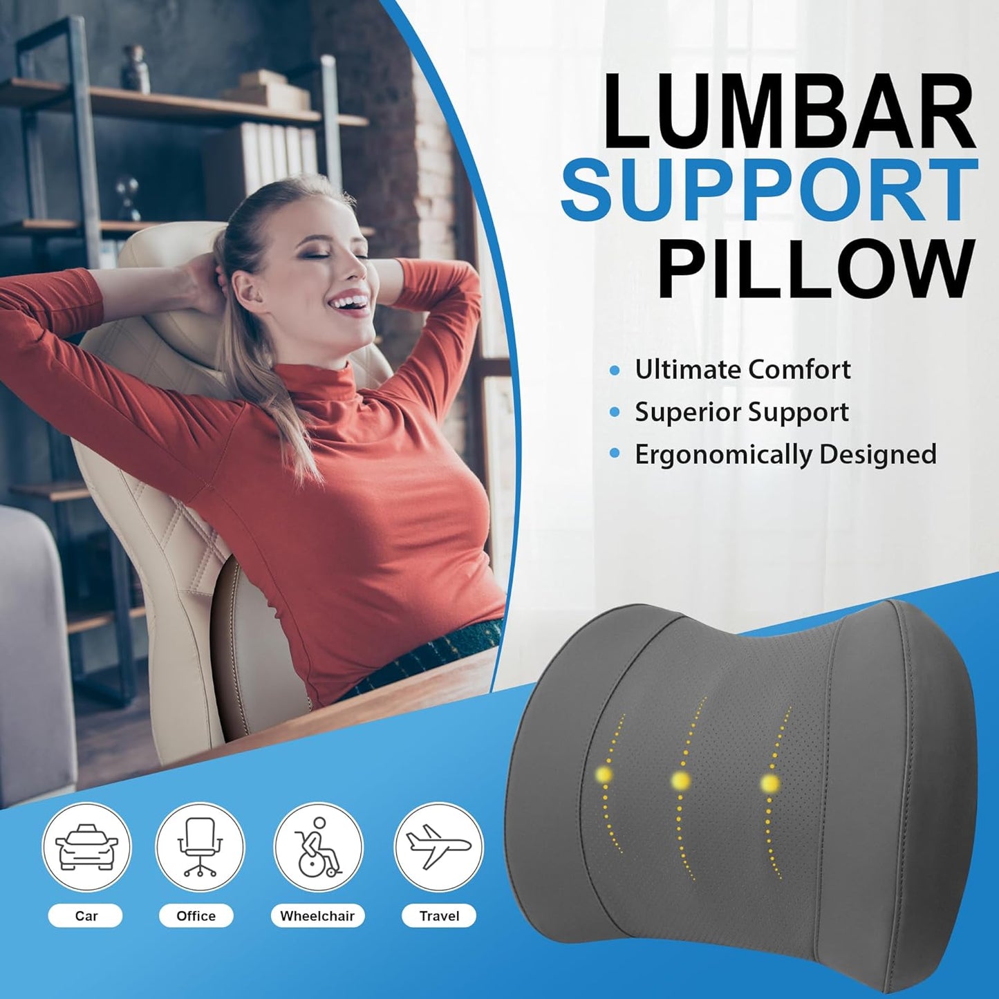 Lumbar Support Pillow for Car, Memory Foam Lumbar Pillow for Lower Back Pain Relief - Back Cushion for Driving, Chair Support for Car-Office Chair, Wheelchair - Classic Dark Grey