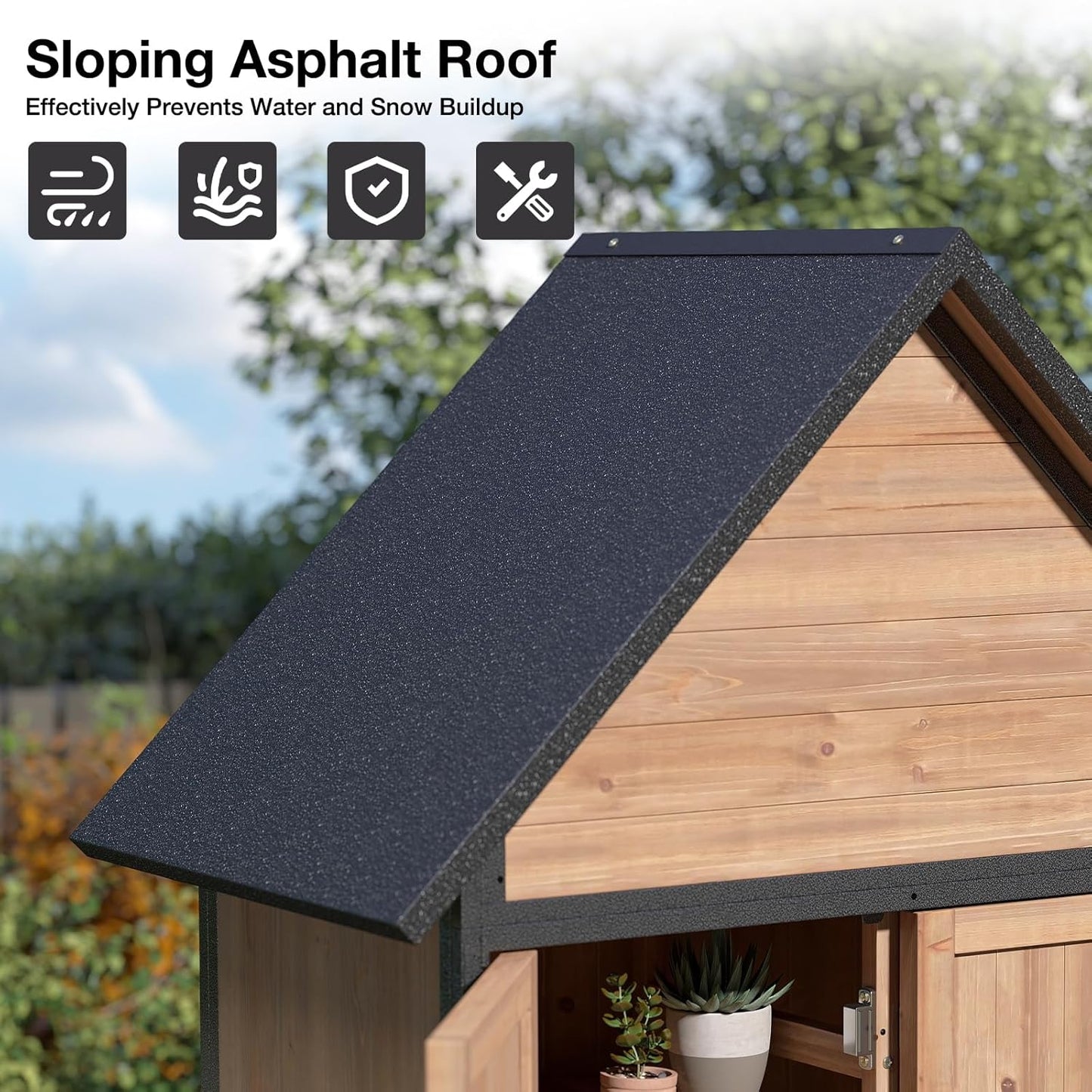 Outdoor Storage Shed with Sloped Roof - Heavy-Duty Metal & Wood Garden Cabinet, Adjustable Shelves, Large Capacity Waterproof Design for Patio, Garage, Backyard (Brown)