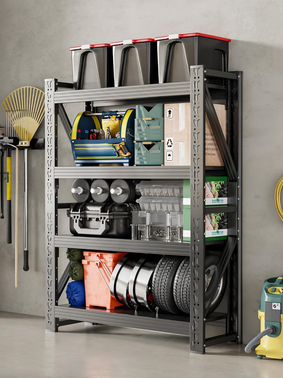 4-Tier Storage Shelves,79" H Heavy-Duty Garage Shelving Unit,Adjustable Industrial Metal Shelf System,4,000lbs Capacity,Tool Organizer for Garage,Workshop,48" W*24" D*79" H,Black