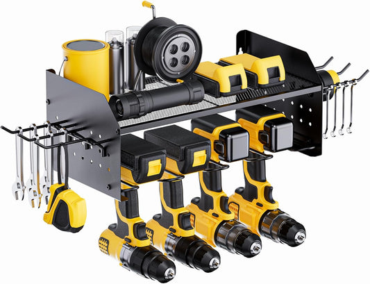 TRZZ Power Tool Organizer Wall Mount, 2-Tier Cordless Drill Rack with 4 Drill Holders and 2 Side Pegboards, Efficient Drill Storage for Garage, Tool Room, and Workshop (Black)