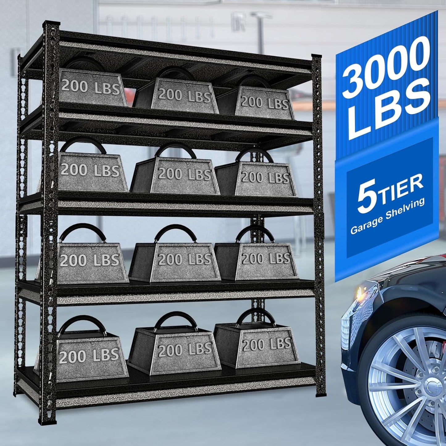 48" W Garage Shelving Heavy Duty, 3000LBS Loads Adjustable Garage Storage Shelves, 5-Tier Metal Shelving Units and Storage Racks, Industrial Utility Shelf,47.4" Wx23.6 Dx78 H, Silvery