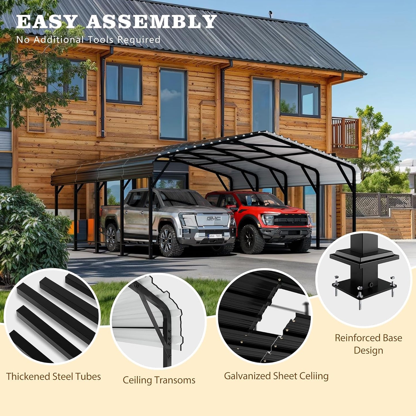 Walsunny Metal Carport 20x20 FT Heavy Duty Carport Canopy with Enhanced Base, Outdoor Car Shelter with Galvanized Steel Roof and Frame Garage for Truck, SUV, Boat, Black