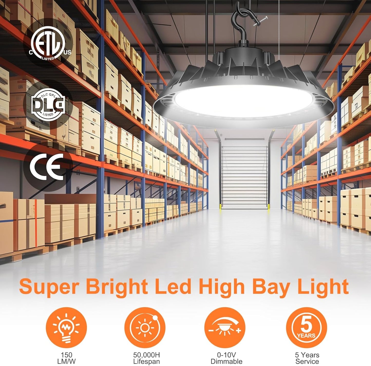 4Pack LED High Bay Lights, Super Bright 150W UFO High Bay LED Shop Lights, 22500LM 5000K, 0-10V Dimmable, 5' Cable Plug, IP65 Waterproof, ETL Listed Plug & Play Lighting for Factory Warehouse