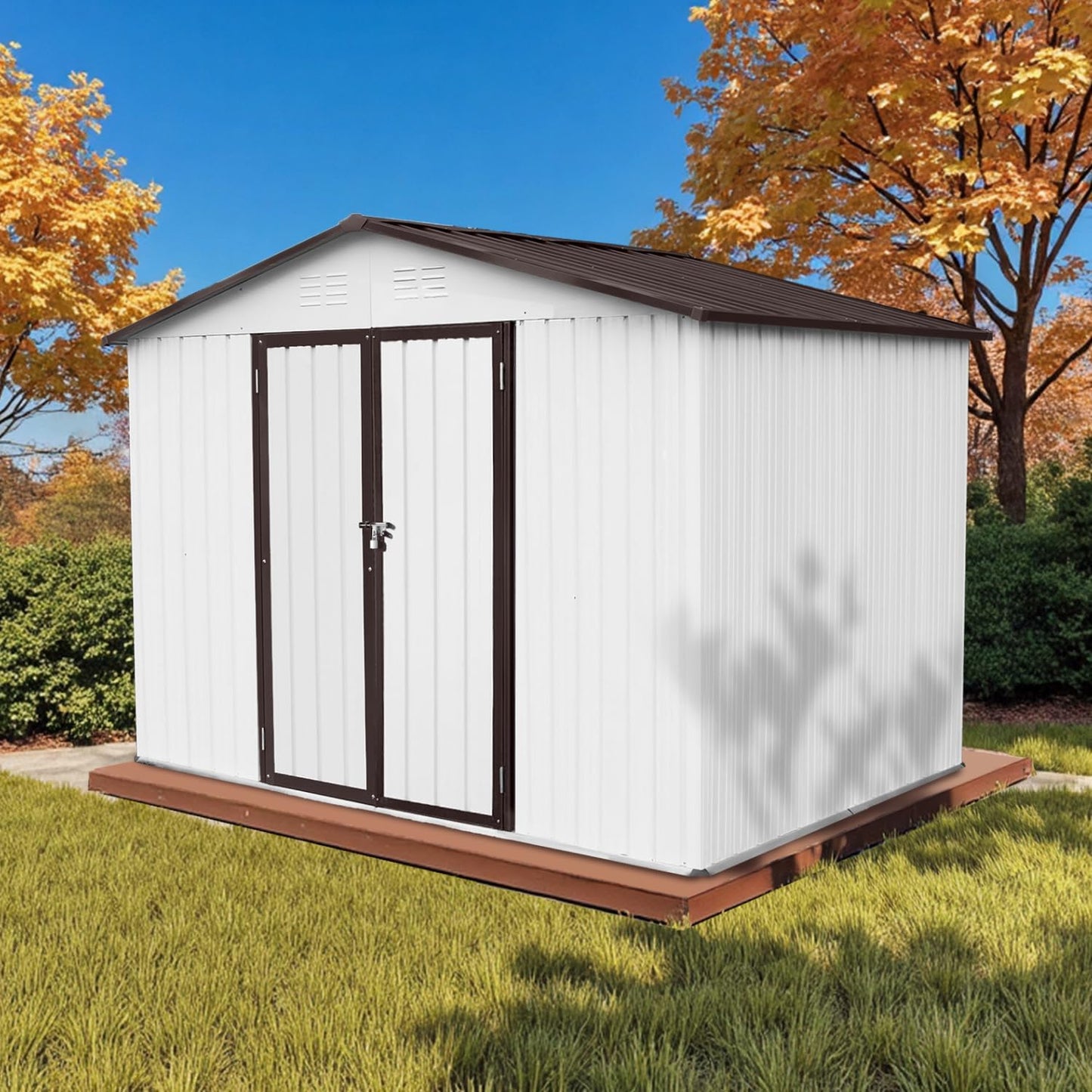 8' x 6' Outdoor Storage Shed, Sturdy Metal Building w/Lockable Doors for Garden, Backyard, Poolside and Lawn, Brown+White