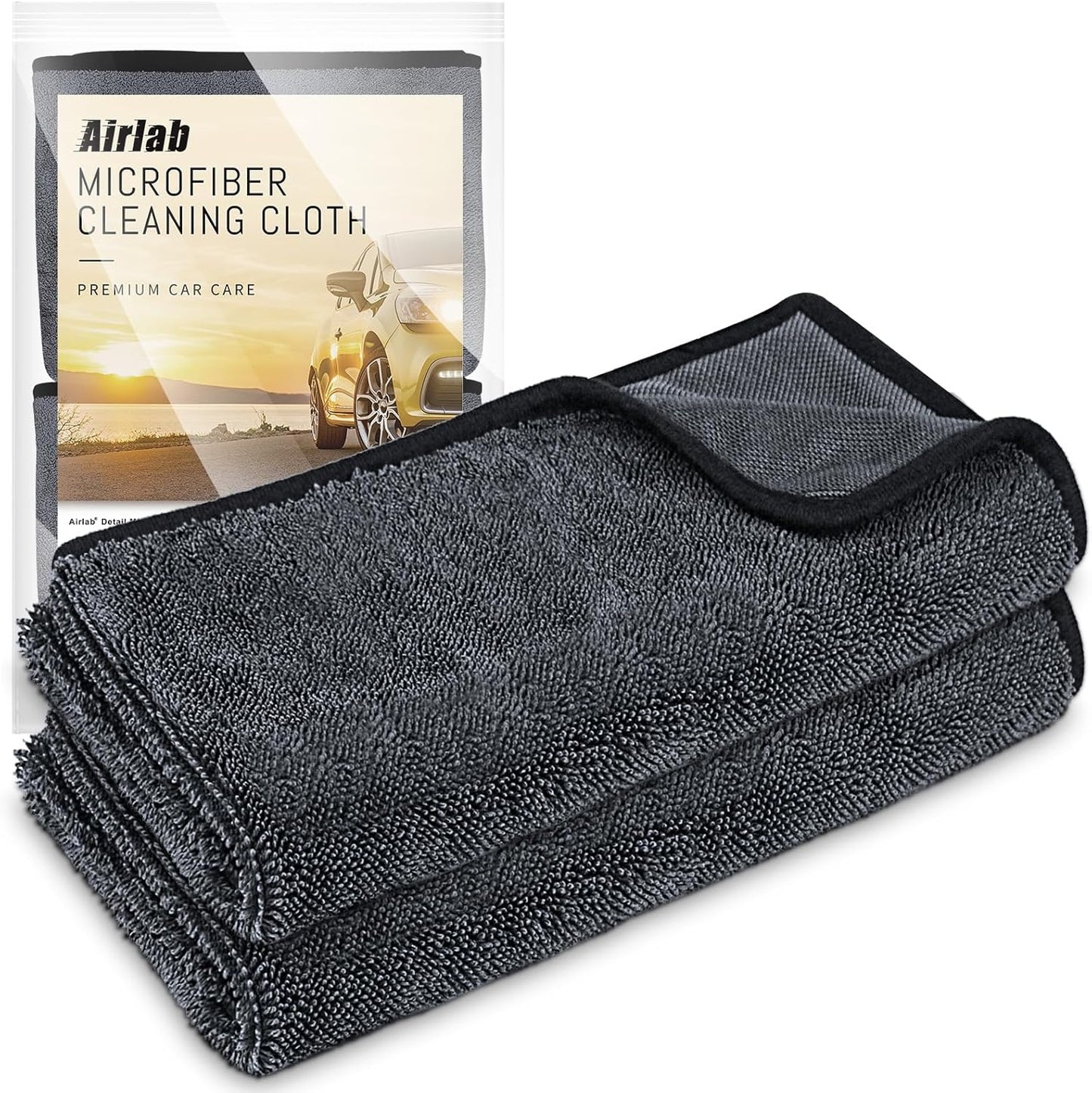Airlab Microfiber Towels for Cars Wash Drying Super Absorbent Cleaning Cloth Auto Detailing Ultra Soft, Lint-Free, Streak-Free, 24 x 16 Inch, Pack of 2, Grey-Black, 600 GSM