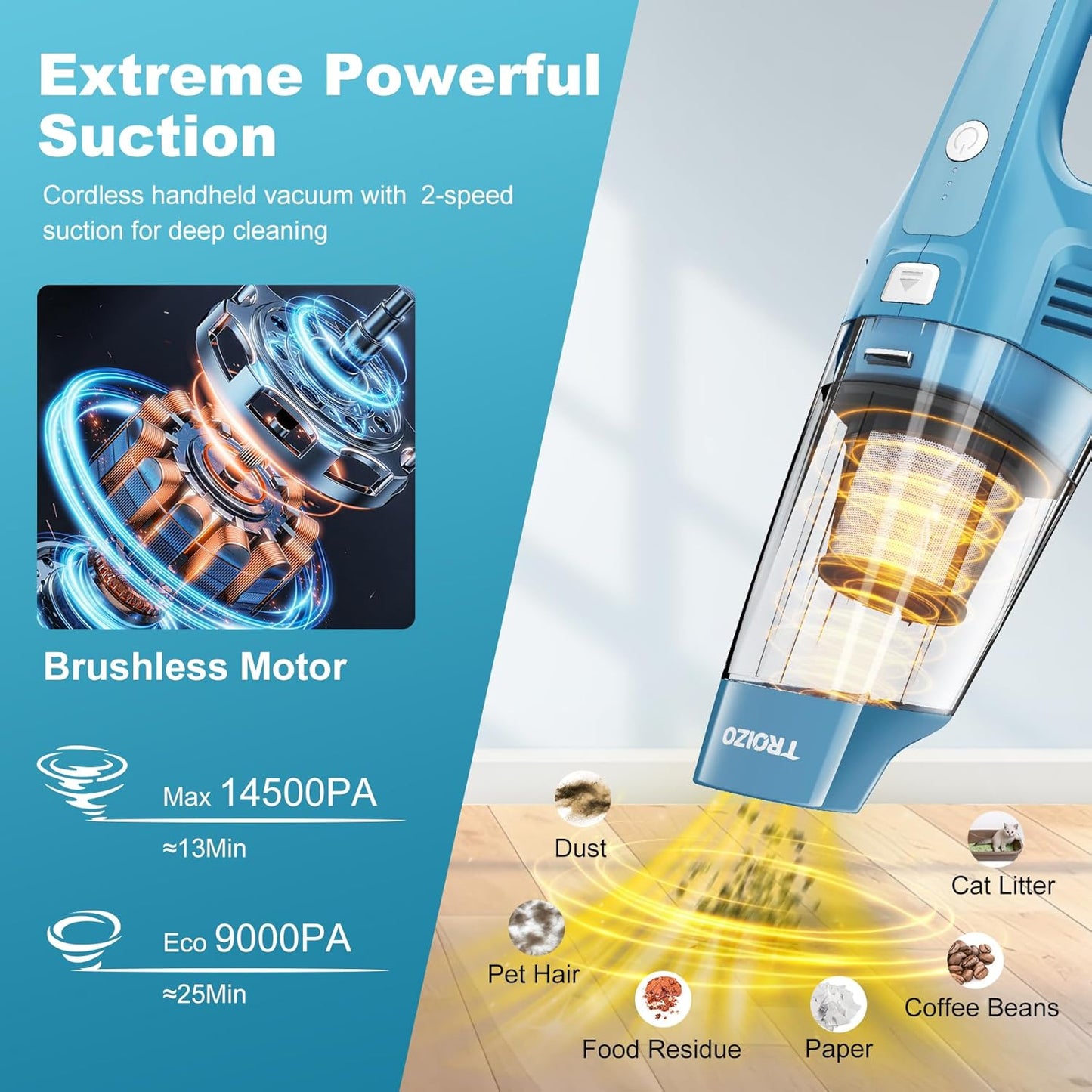 Handheld Vacuum Cordless, 14500PA Powerful Suction Hand Held Vacuum Cleaner with Brushless Motor, Rechargeable and Portable Car Vacuum Cleaner with Multi Accessories for Home Office Car Pet