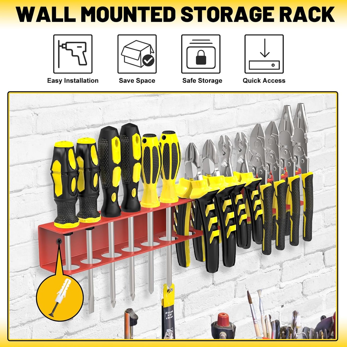 Screwdriver Plier Organizer Wall Mount, Screwdriver Rack, Metal Plier Holder Utility Tool Holder Organizers and Storage Rack for Garage Workshop Workbench Tool Chest Cart,1 Pcs, Red