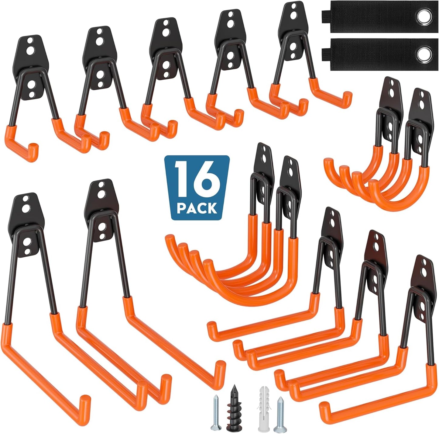 BONTEC Heavy Duty Garage Hooks, Anti-Slip Coated Black Steel with Strong Load Capacity, Multi-Sized U and J Hooks, Easy Wall Mount for Garage, Garden, Workshop (Orange, 16 Pack)