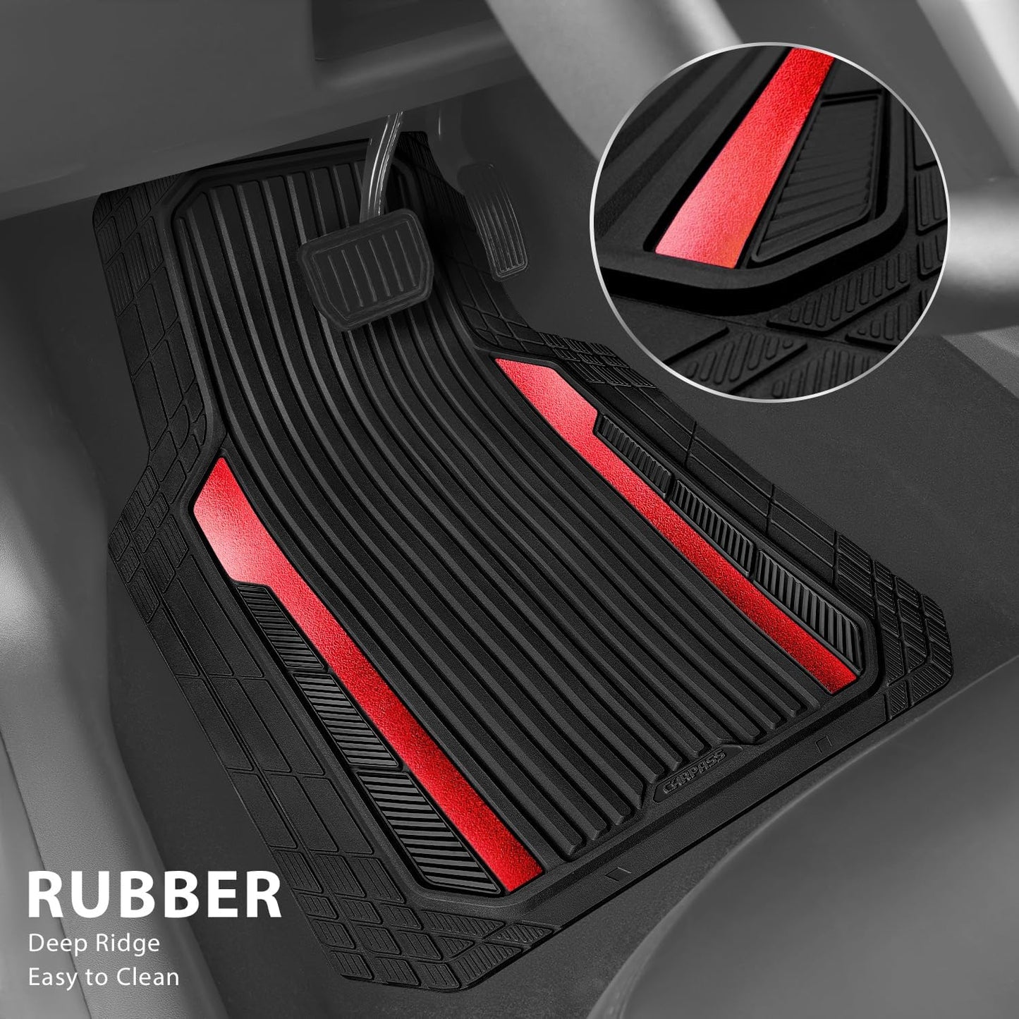 CAR PASS Heavy Duty Rubber Car Mats Metallic S~L Size, Aluminum Film All Weather Floor Mats Waterproof Universal Trim to Fit SUV Sedan Van Truck 4 Piece Deep Dish Two-Tone Sporty Black Red Chrome