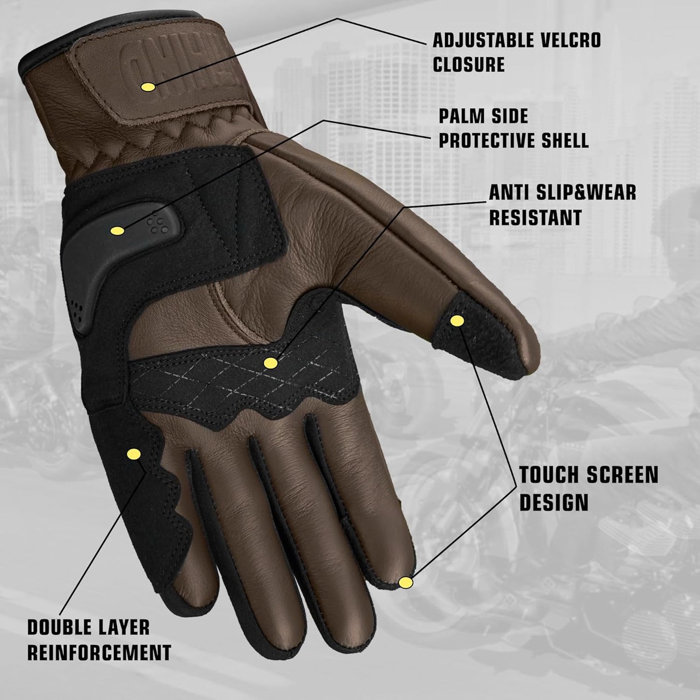 Leather Motorcycle Gloves for Men and Women | Touchscreen | Full Finger | Goatskin Leather Hard Knuckle Motorcycle Riding Gloves (Classic Brown, Large)