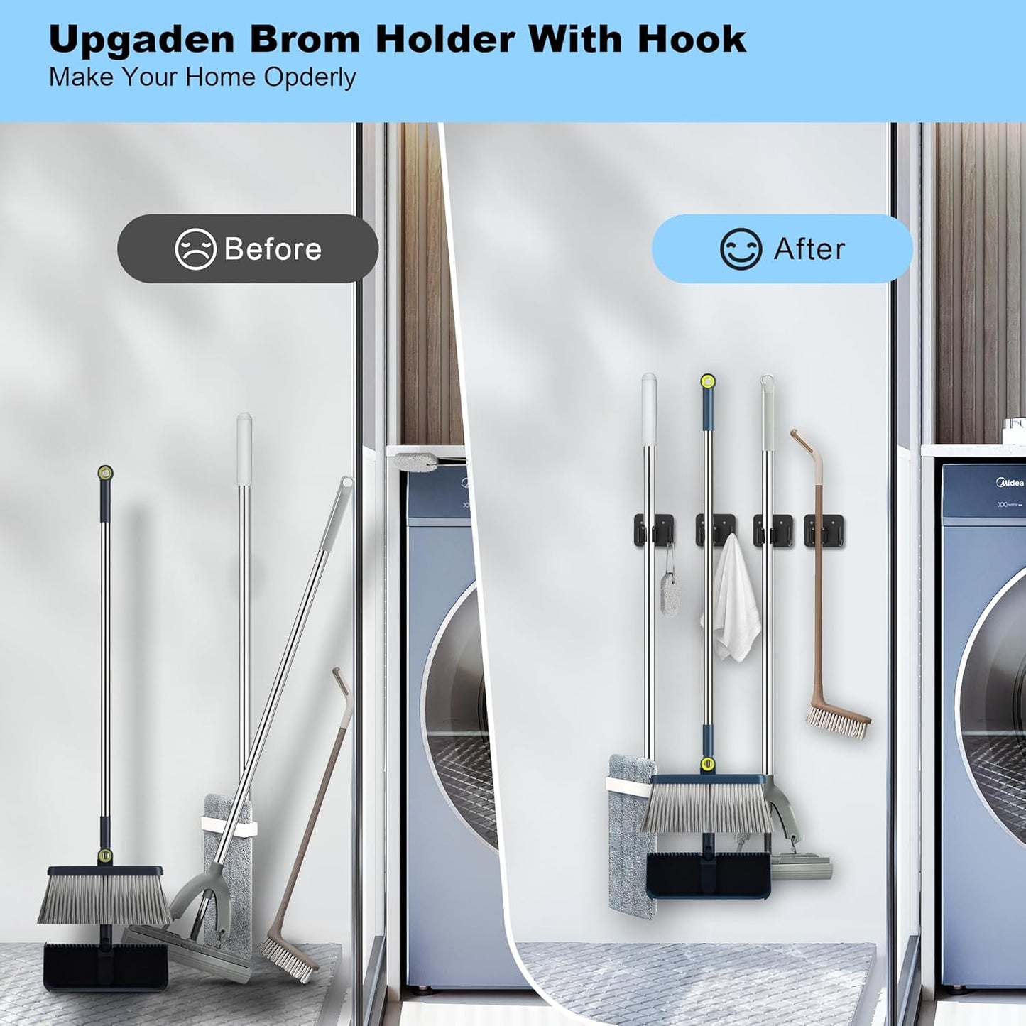 4 Pack Mop and Broom Holder Wall Mount - Stainless Steel Broom Mop Hanger - Wall Mounted Garden Tool Rack Organizer for Closet Garage Laundry Room Kitchen Decor (Black)