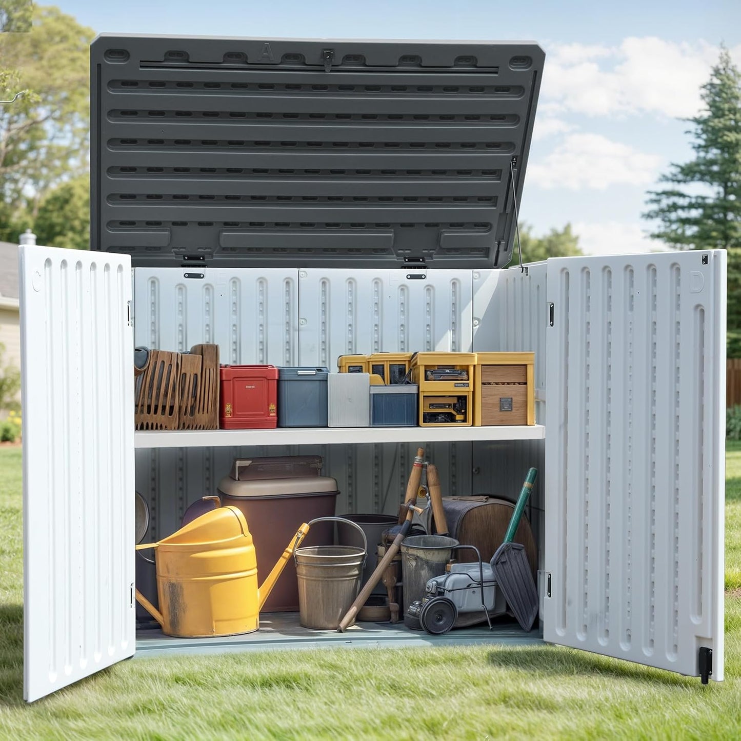 GOOBED Horizontal Shed with Padlock Latch, Outdoor Storage Shed for Backyard and Garden, 35 Cu Ft Small Storage, Waterproof, Easy Assembly, Light Gray