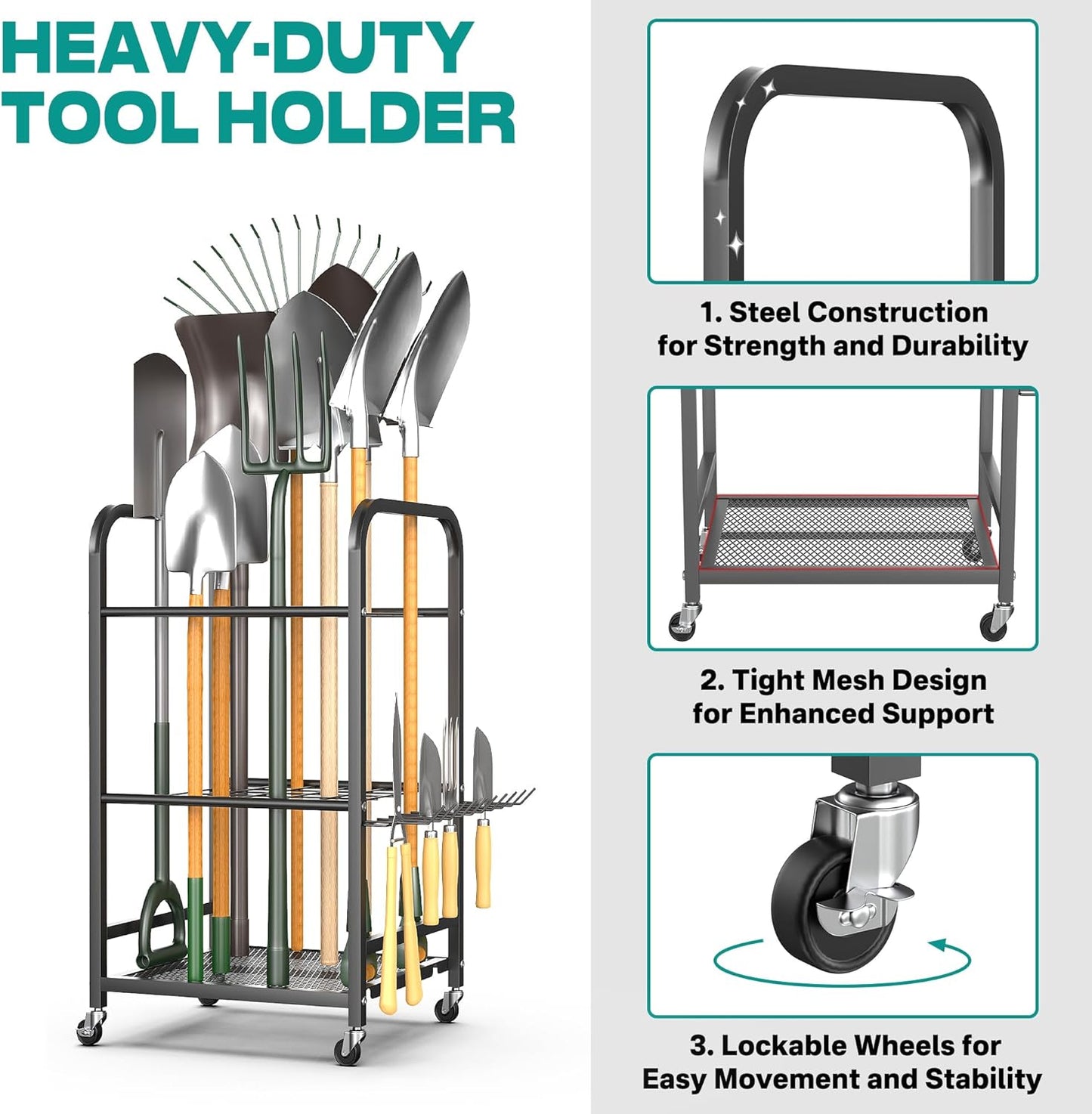 EVERHANGER Garden Tool Organizer and Storage, Yard Tool Stand Garage Tool Organization, Yard Tool Racks for Indoor/Outdoor Use