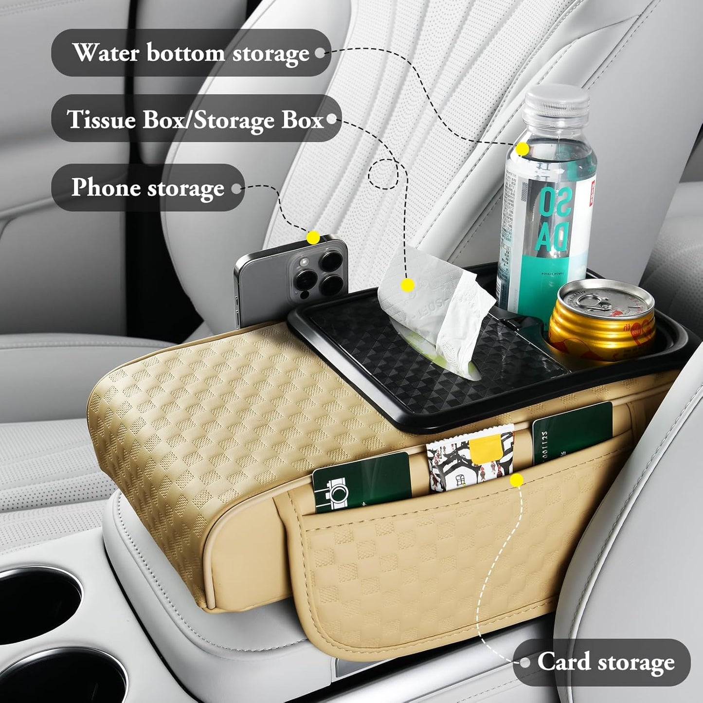 Car Center Console Cover, Armrest Cover for Storing Water Cups, Tissues, Cards, and Phones, 4-in-1 Center Cover with Soft Leather and High Resilience Memory Foam (Light Beige)