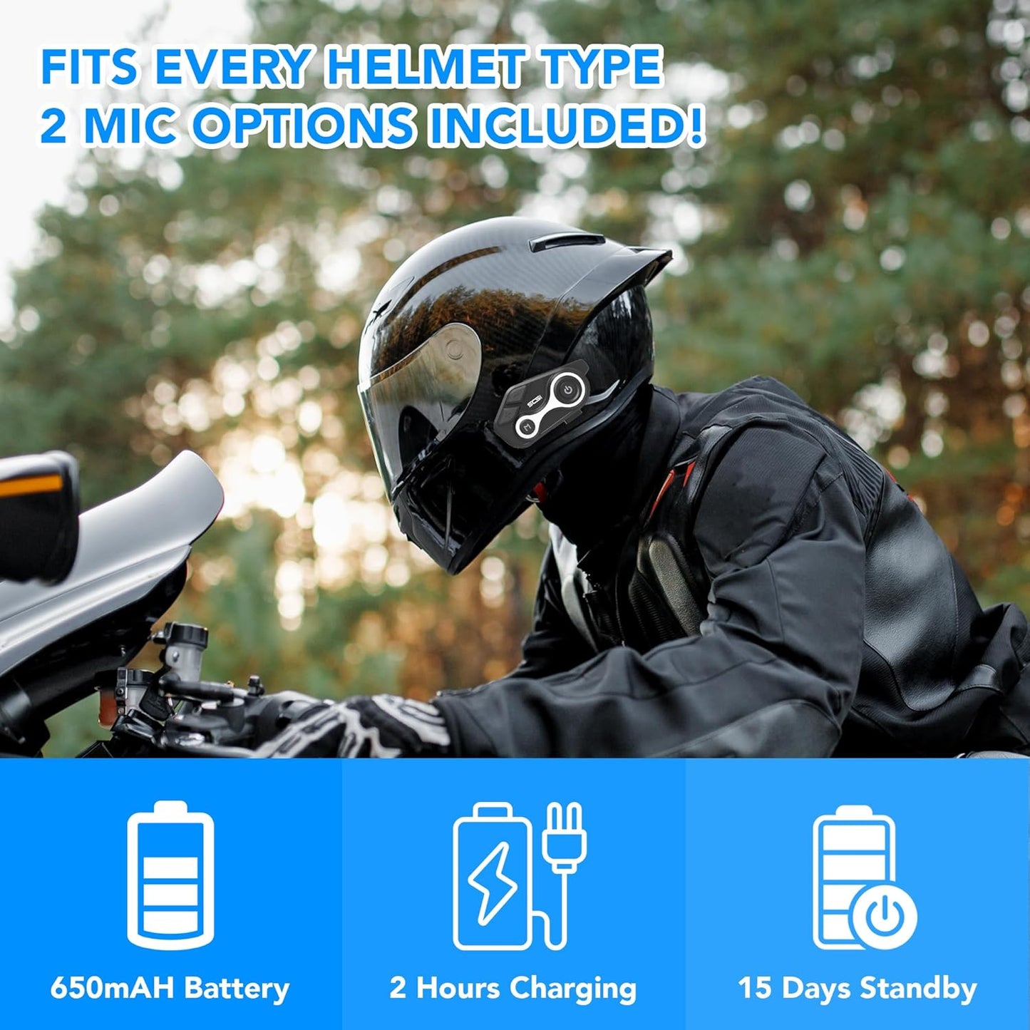 Motorcycle Bluetooth Intercom Helmet Headset with Music Sharing, Earphones for 2 Riders up to 1000M Communication, Waterproof IP67 with Handsfree, Stereo Music, GPS & 2 Mic Options, 1 Pac