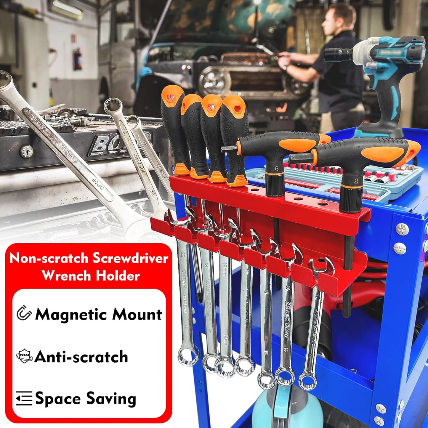 MUTUACTOR Magnetic Wrench Holder Heavy Duty,Anti-scratch Magnetic Mount Screwdriver Holders, 2 Layers Wrench Screw Drivers Holder for Work Bench Toolbox Tool Cart,1PCS,Red,9 Holes and 7 Slots