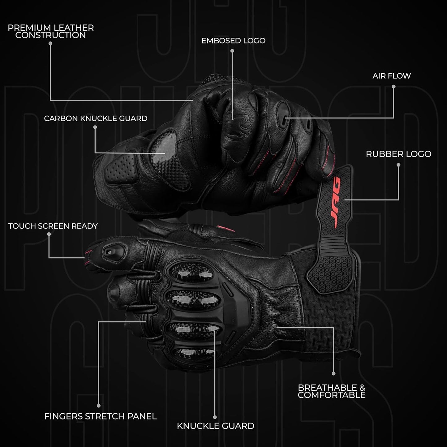 J.A.G. Leather Motorcycle Gloves for Men - Carbon Fiber Knuckle Protection, Motorbike Powersports, Dirt Bike, Touchscreen Gloves for Men and Women, Guantes para Moto.