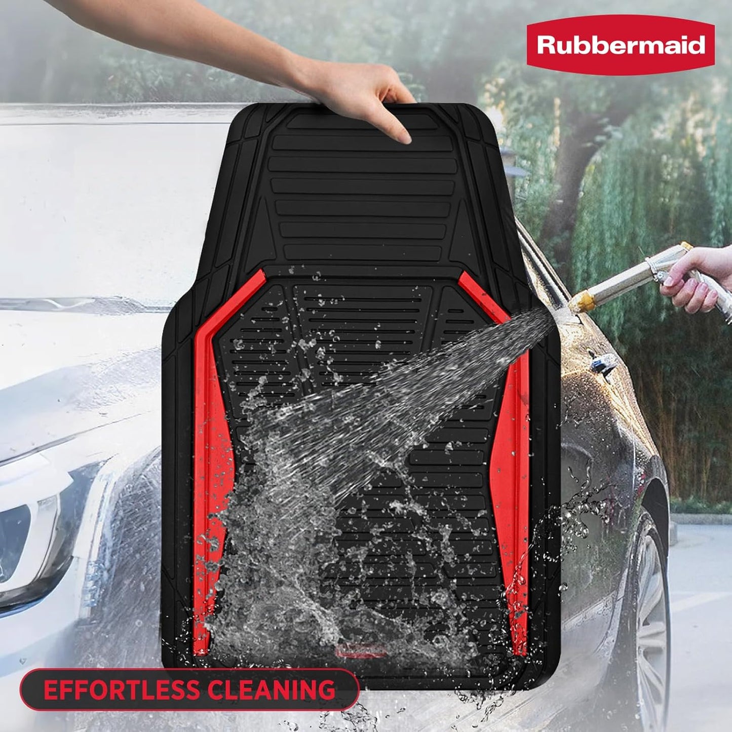 Rubbermaid Car Mat Full Set All-Weather Heavy-Duty 4 Pieces– Trim-to-Fit Universal Car Mats Full Set – Waterproof Rubber Floor Liners for Most Trucks, SUVs, Vans, and Sedans-Red