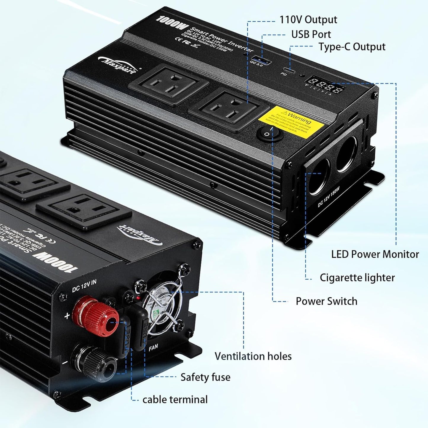 1000W Inverter for Car Power Inverters,12v DC to 110v AC Converter with 3.0 A USB Type-C Outlets, 12 Volt Inverter Car Cigarette Lighter Battery Inverter for Vehicles